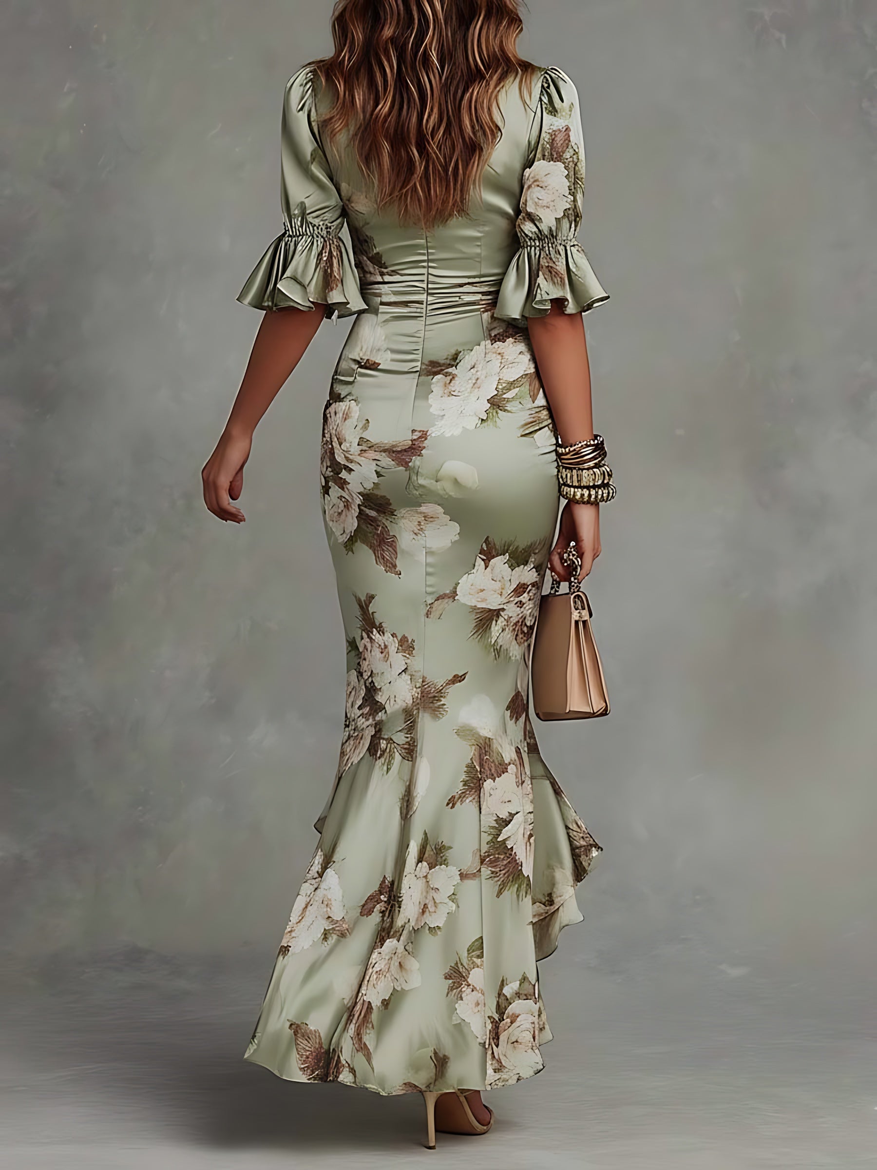 Norah – Floral Print Wrap Ruffle Midi Dress
