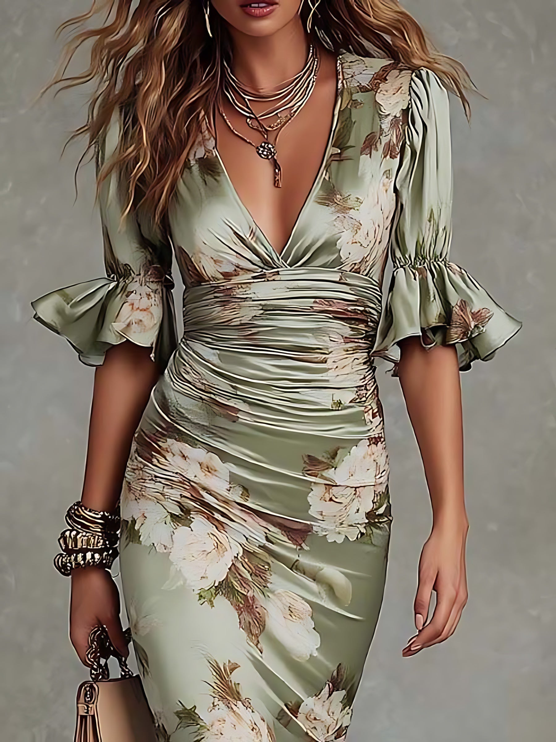 Norah – Floral Print Wrap Ruffle Midi Dress