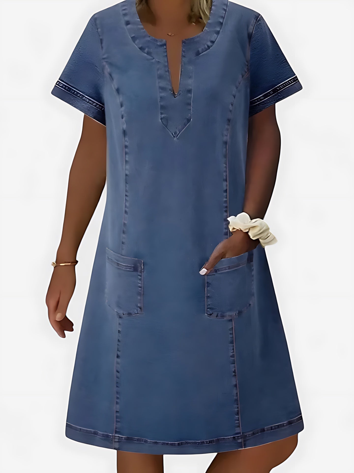 Nova – Denim V Neck Short Sleeve Shift Dress
