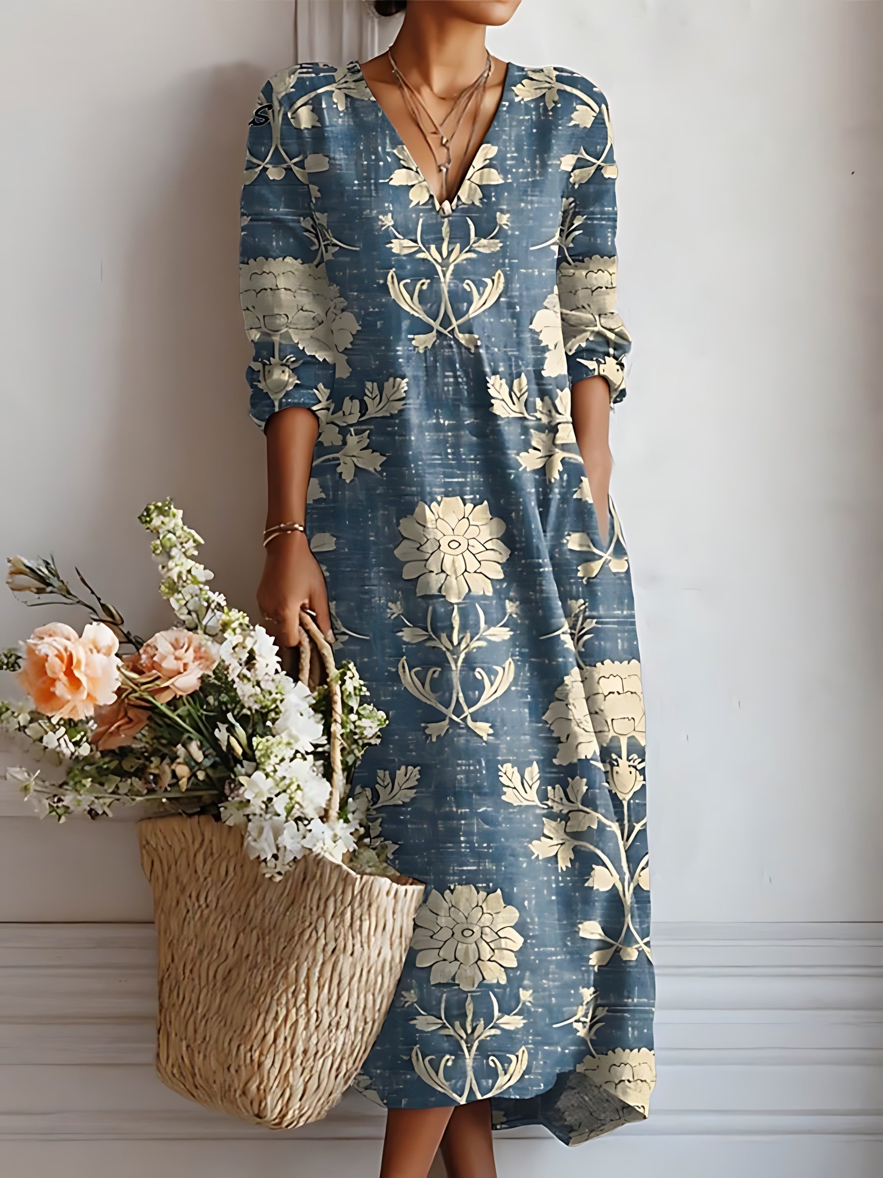 Nova – Floral Print V Neck Long Sleeve Maxi Dress