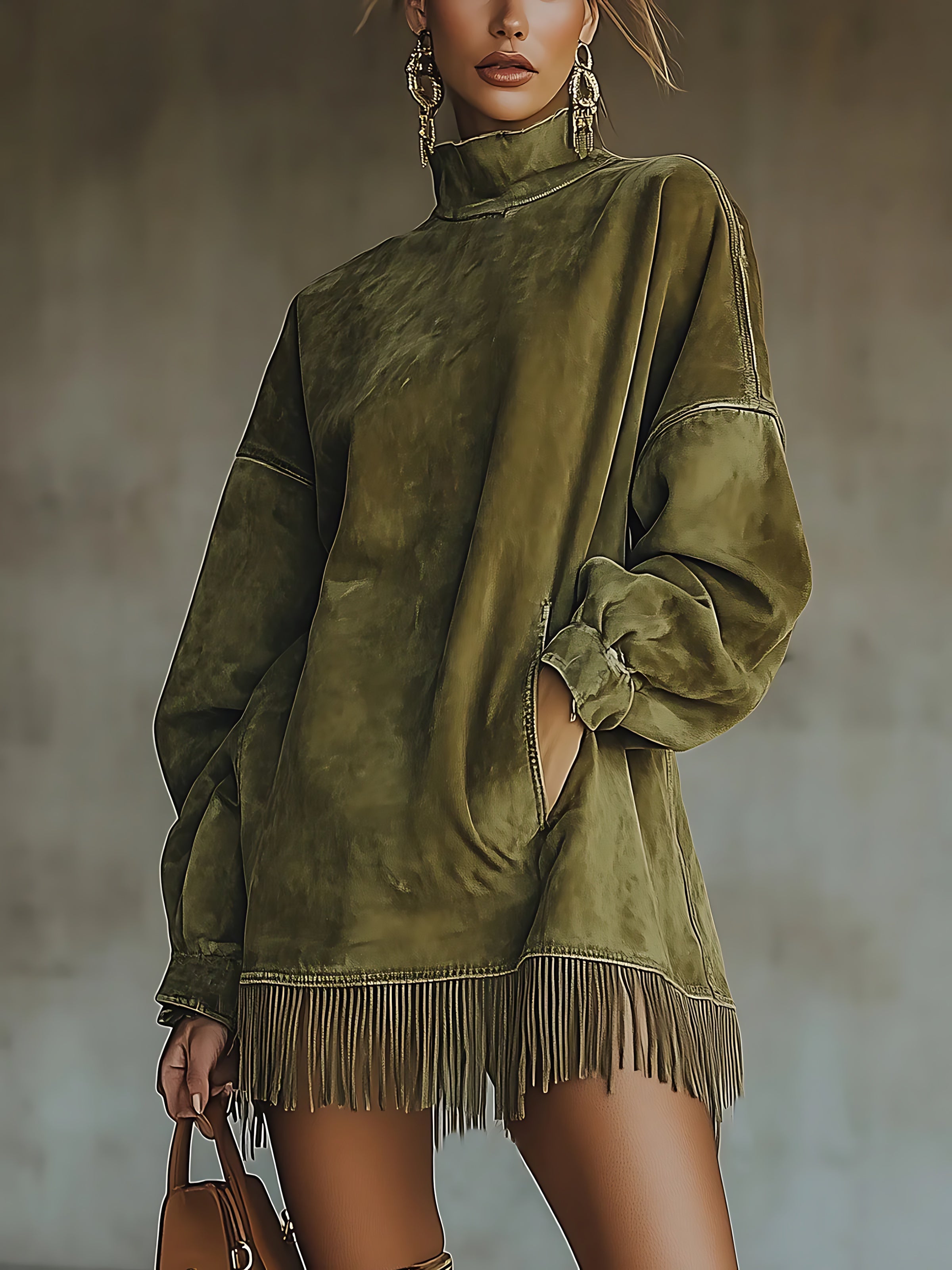 Octavia – Faux Suede Turtleneck Fringe Hem Dress