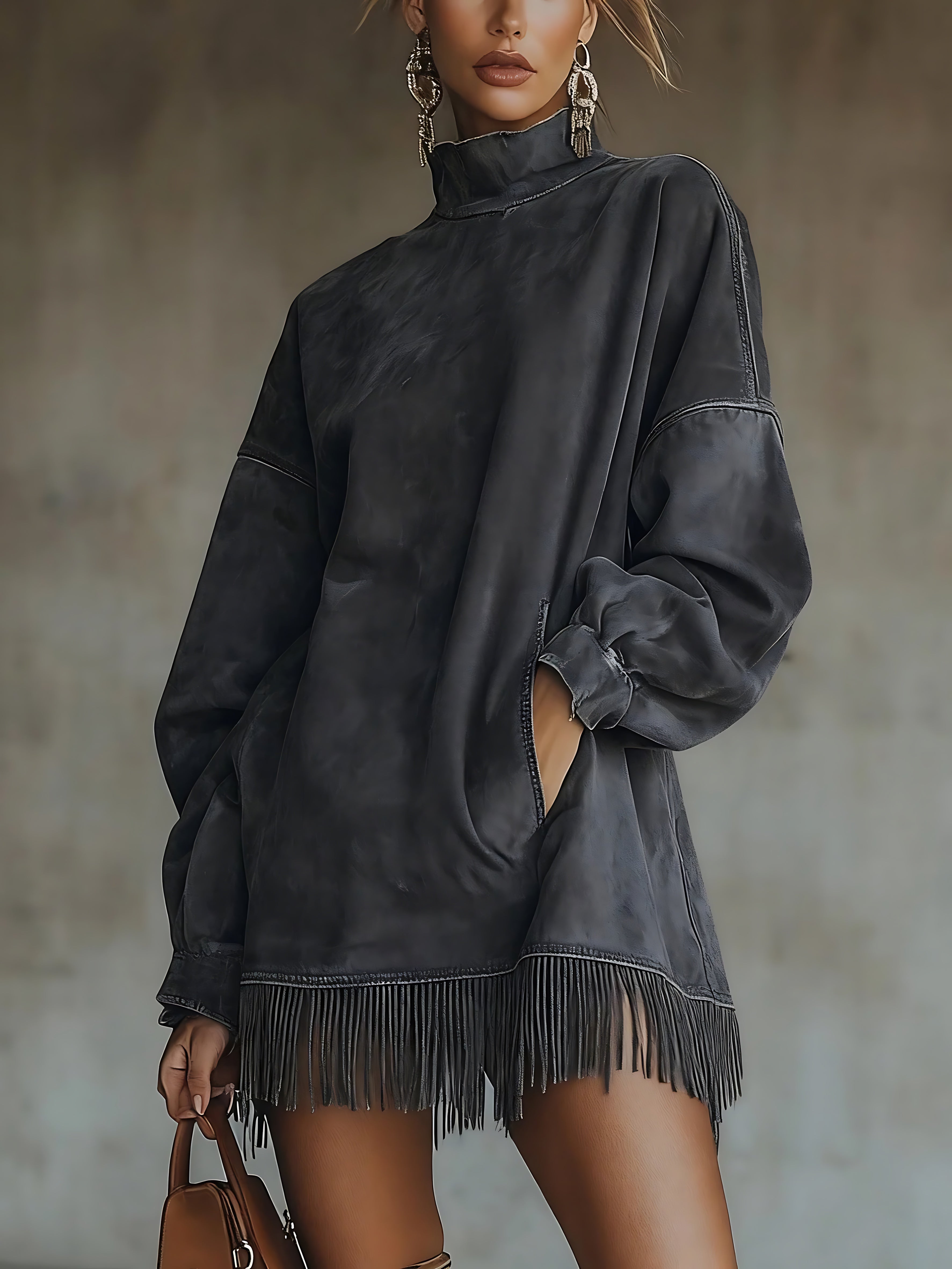 Octavia – Faux Suede Turtleneck Fringe Hem Dress
