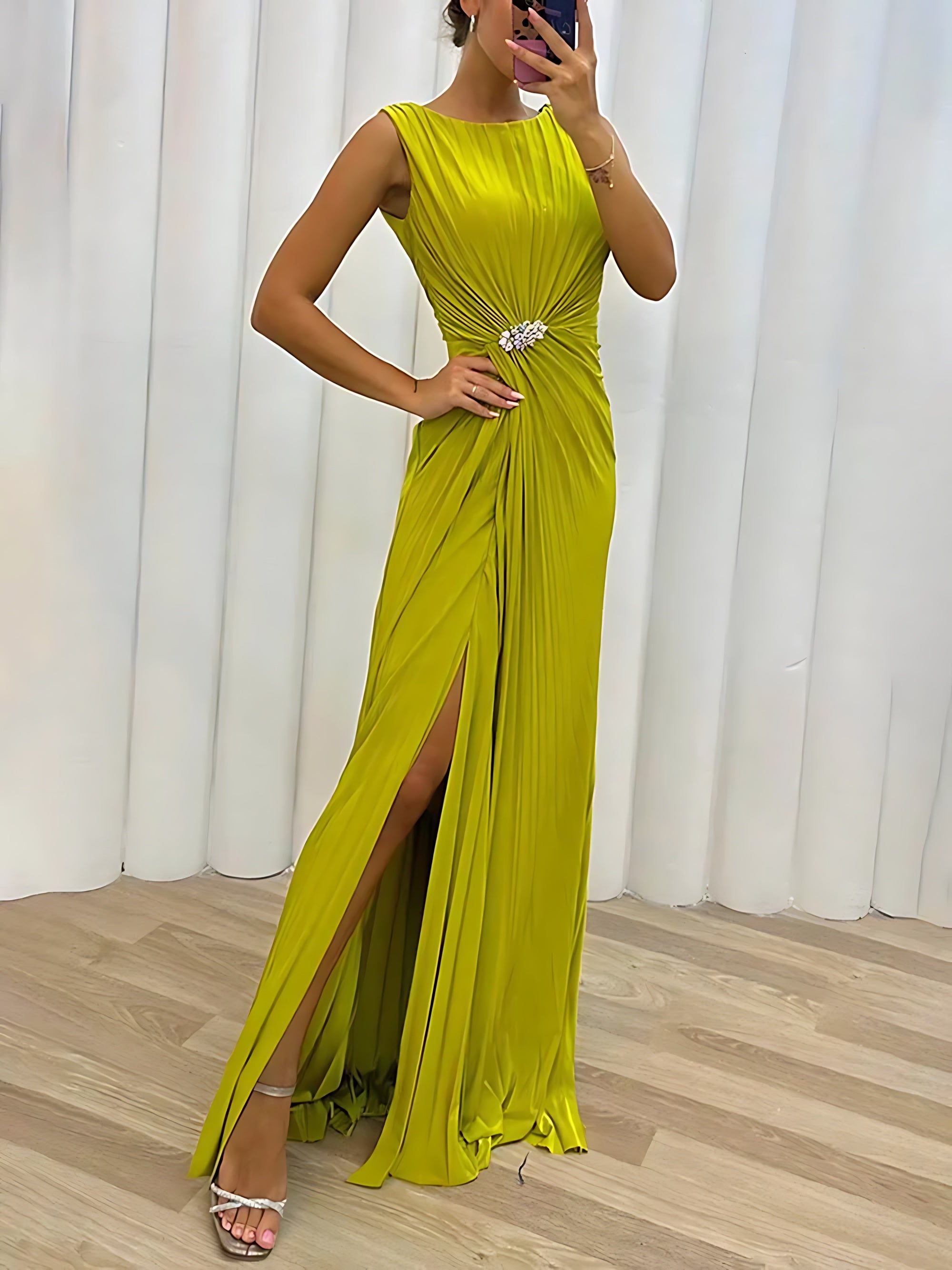 Octavia – Pleated High Slit Cocktail Maxi Dress