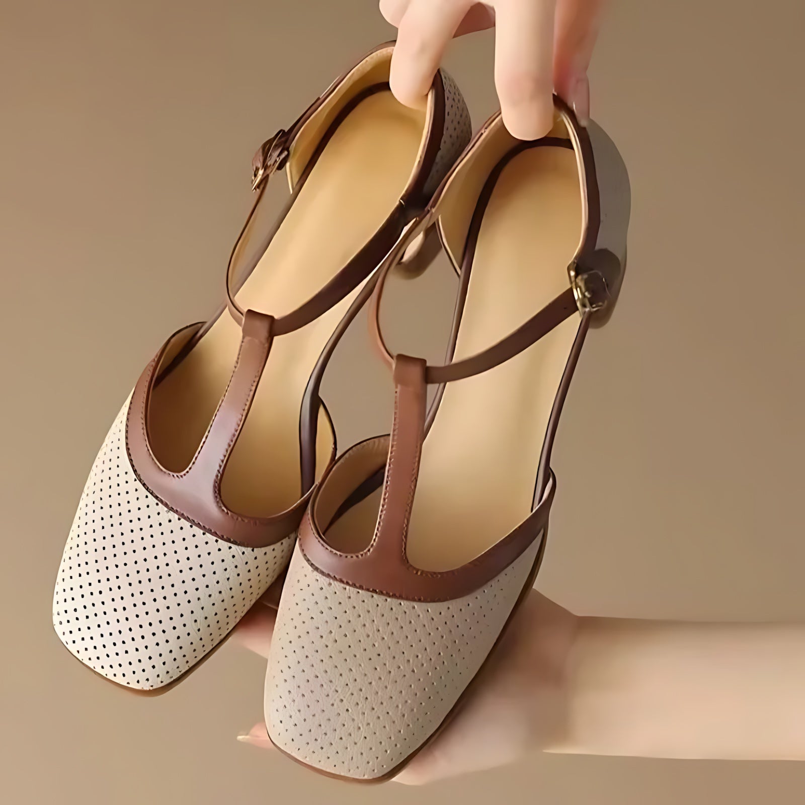 Octavia – T Strap Square Toe Block Heel Pumps