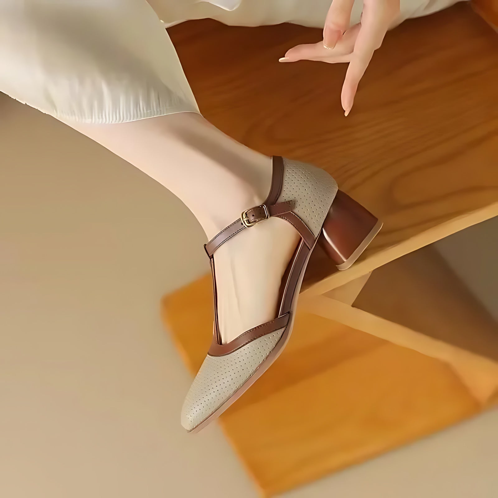 Octavia – T Strap Square Toe Block Heel Pumps