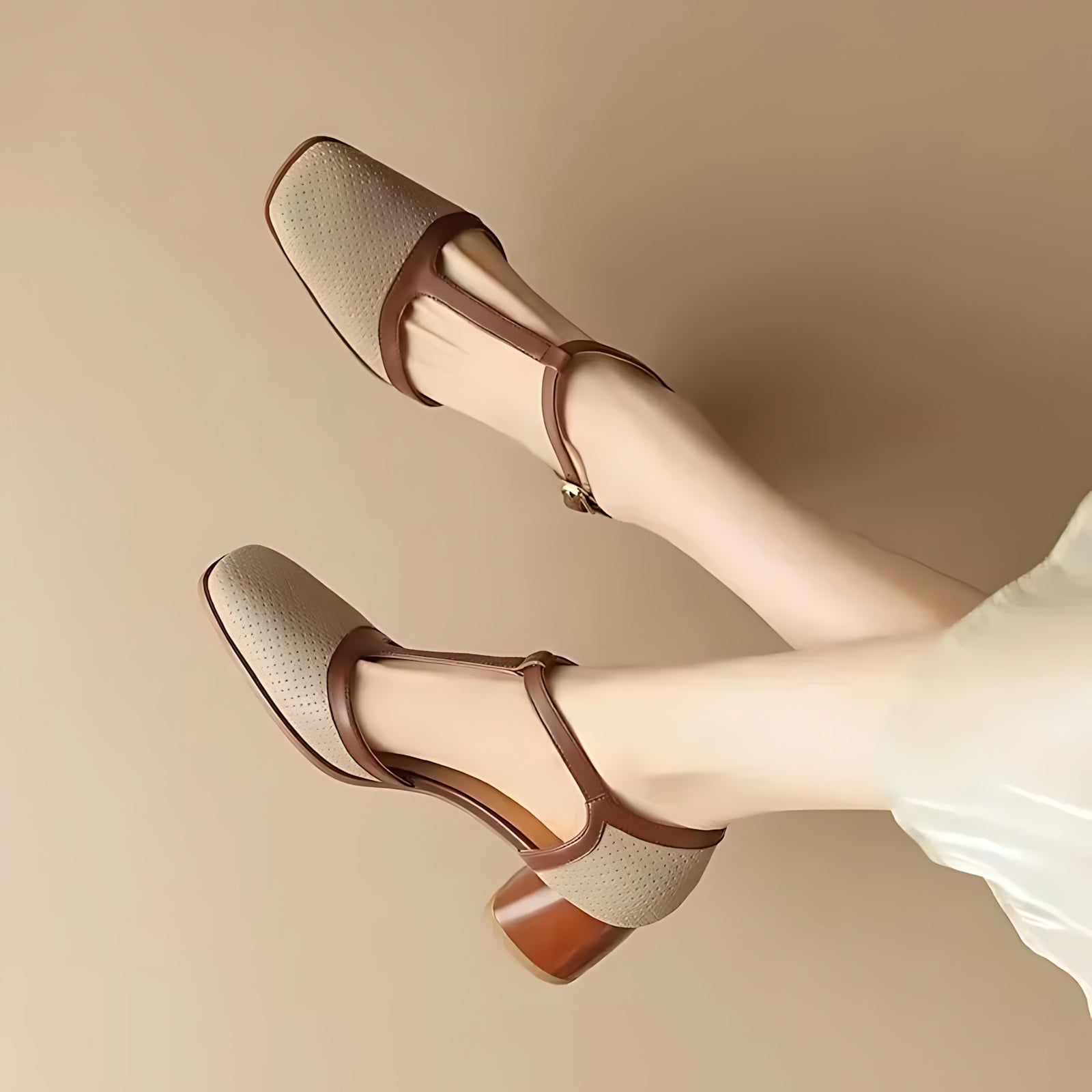 Octavia – T Strap Square Toe Block Heel Pumps
