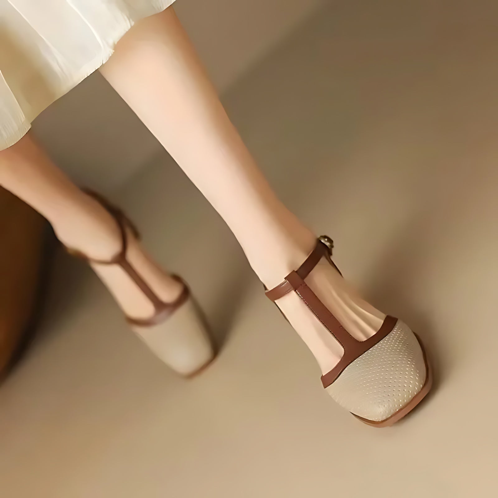 Octavia – T Strap Square Toe Block Heel Pumps