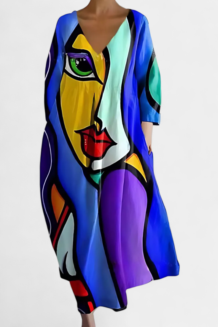 Caroline – Abstract Print V Neck Flowy Midi Dress