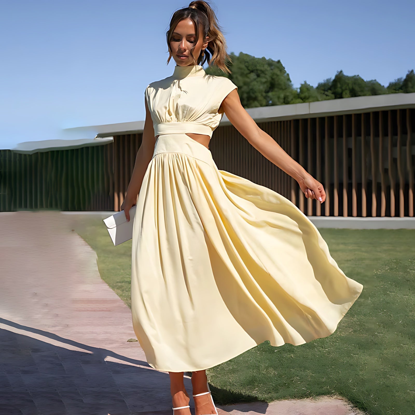 Olivia – Cap Sleeve Pleated A Line Midi Dress