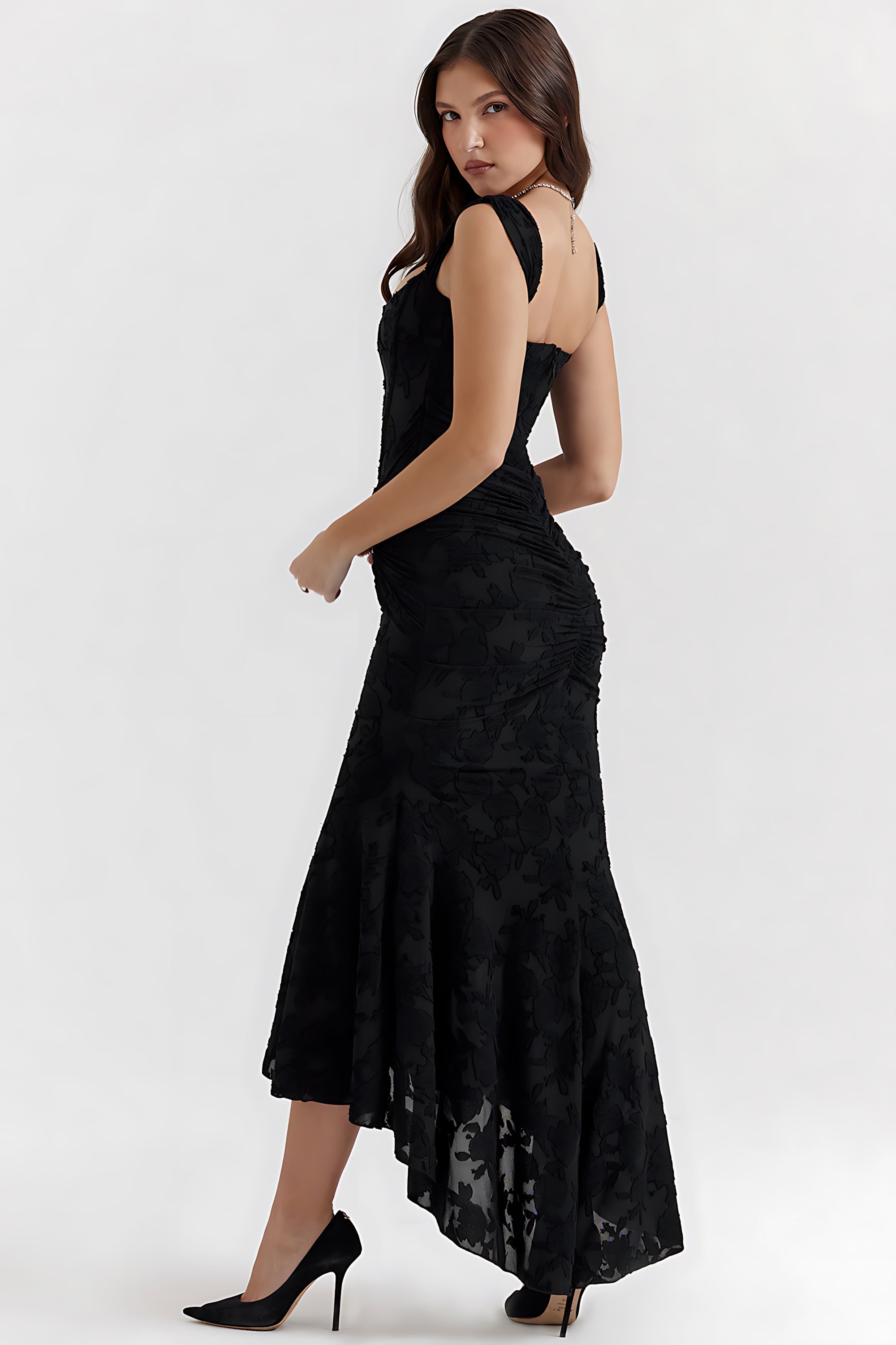 Olivia – Lace Ruched Asymmetric Cocktail Midi Dress