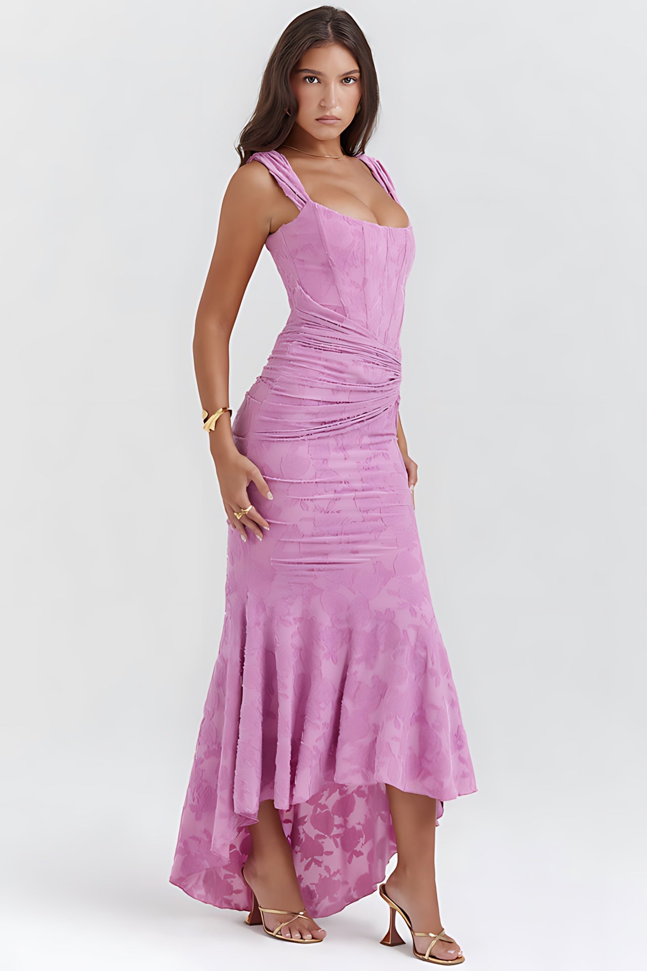 Olivia – Lace Ruched Asymmetric Cocktail Midi Dress