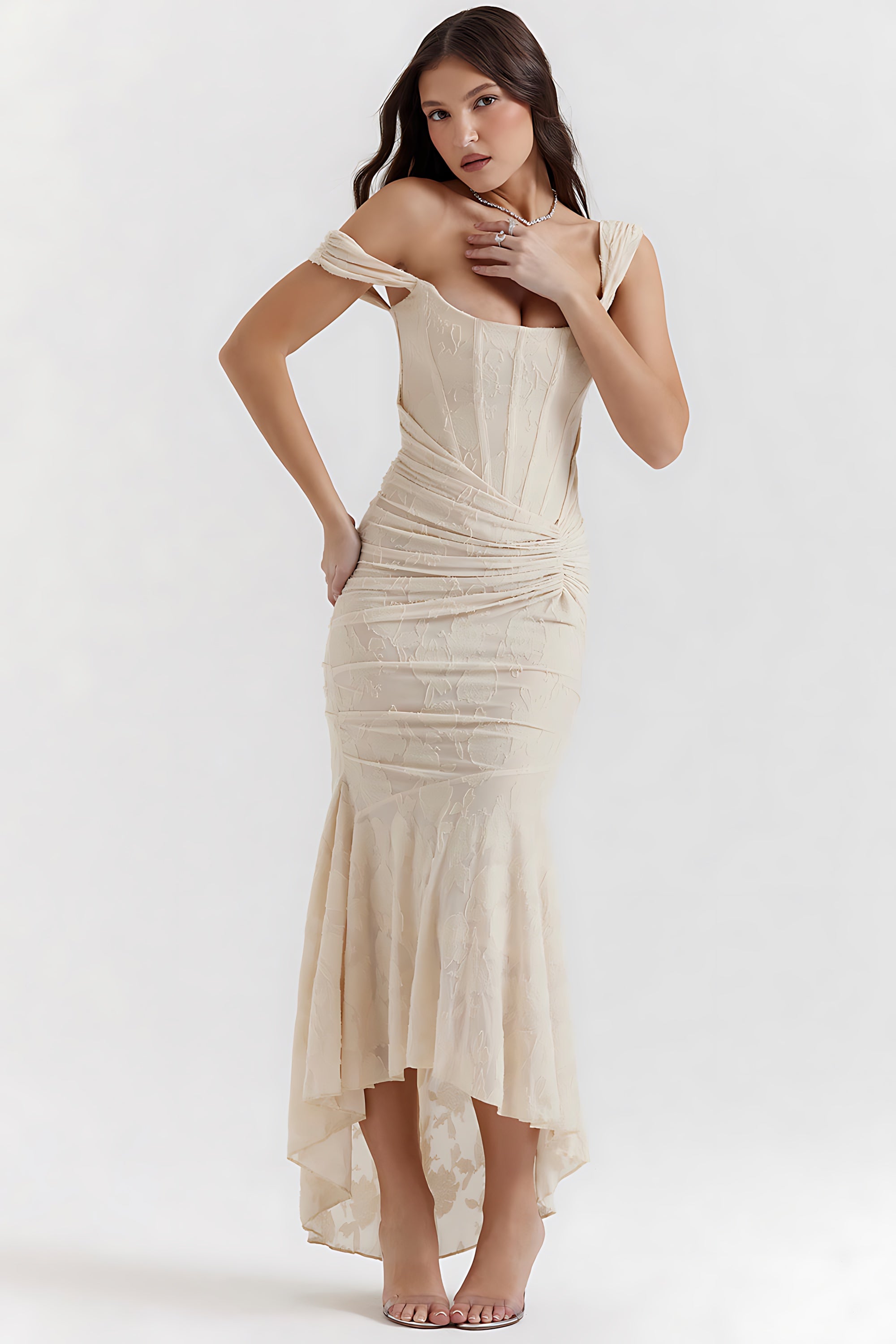 Olivia – Lace Ruched Asymmetric Cocktail Midi Dress