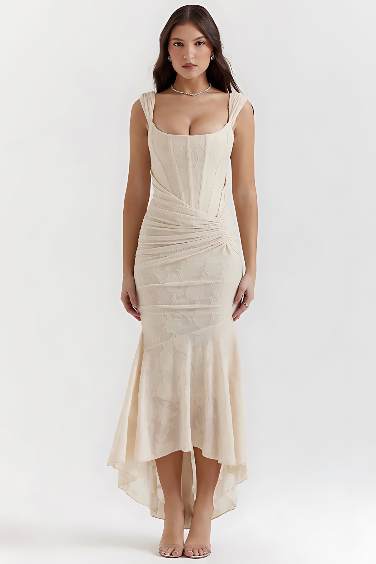 Olivia – Lace Ruched Asymmetric Cocktail Midi Dress
