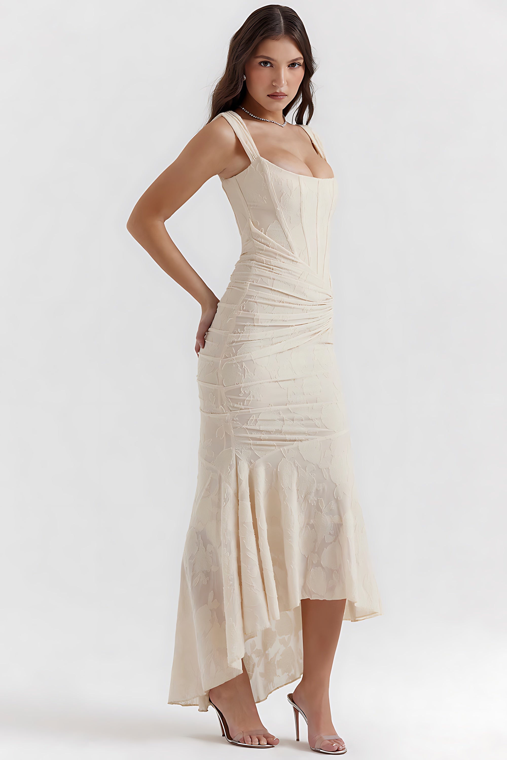 Olivia – Lace Ruched Asymmetric Cocktail Midi Dress