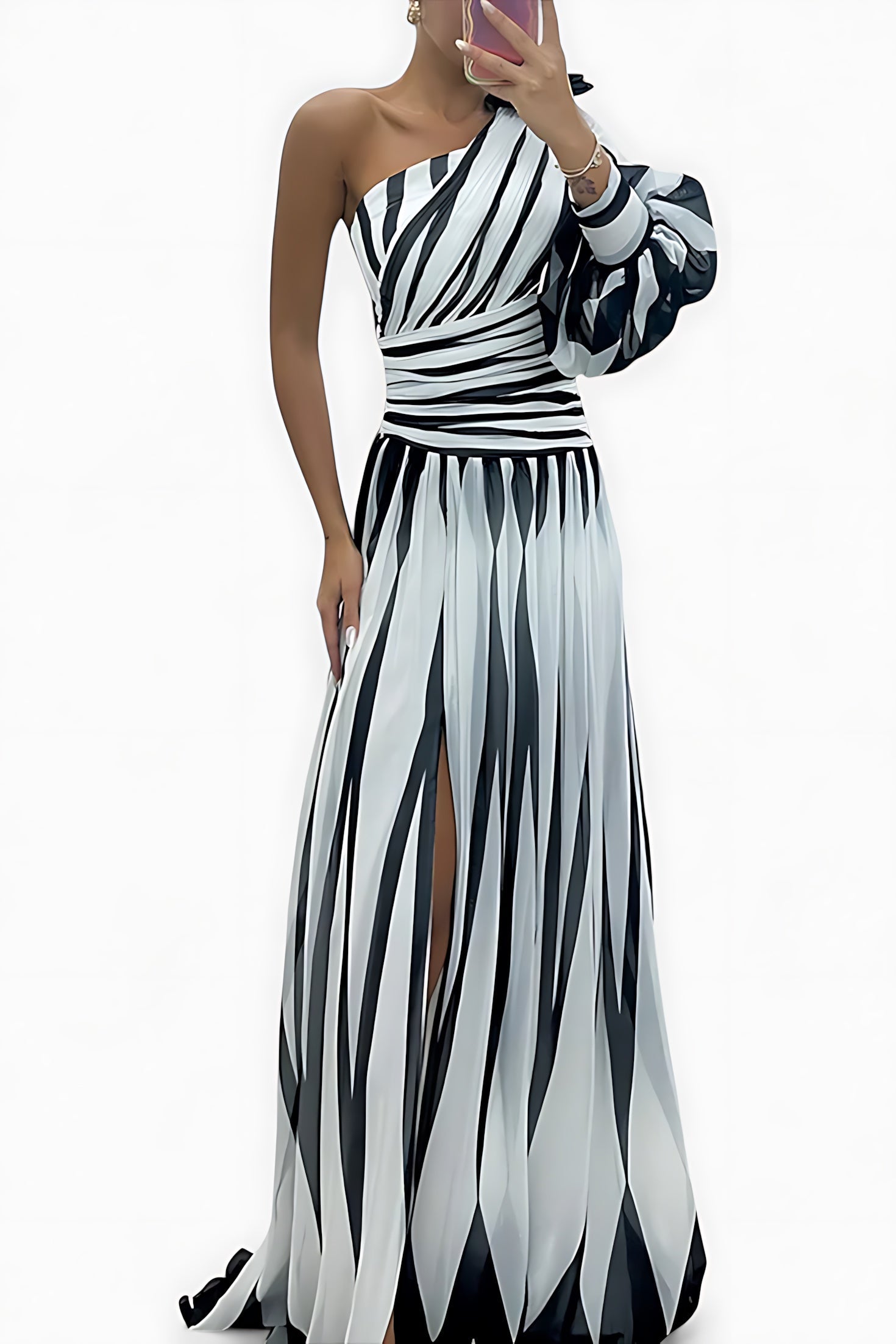 Paisley – Striped One Shoulder High Slit Maxi Dress