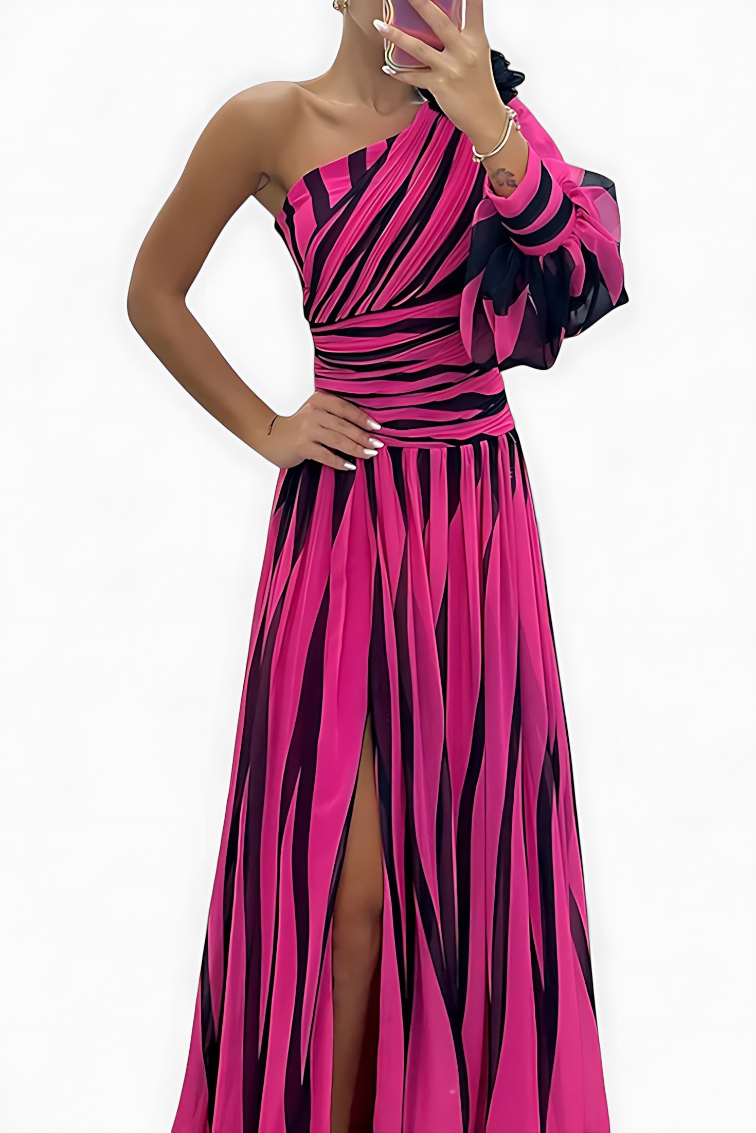 Paisley – Striped One Shoulder High Slit Maxi Dress