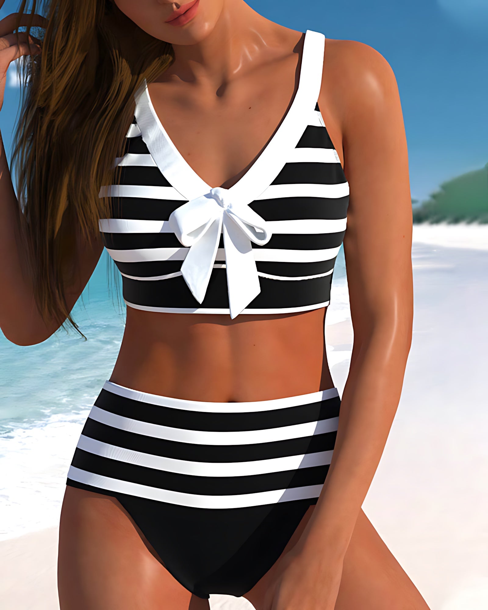 Paloma – Striped Bow Front High Waist Bikini Set