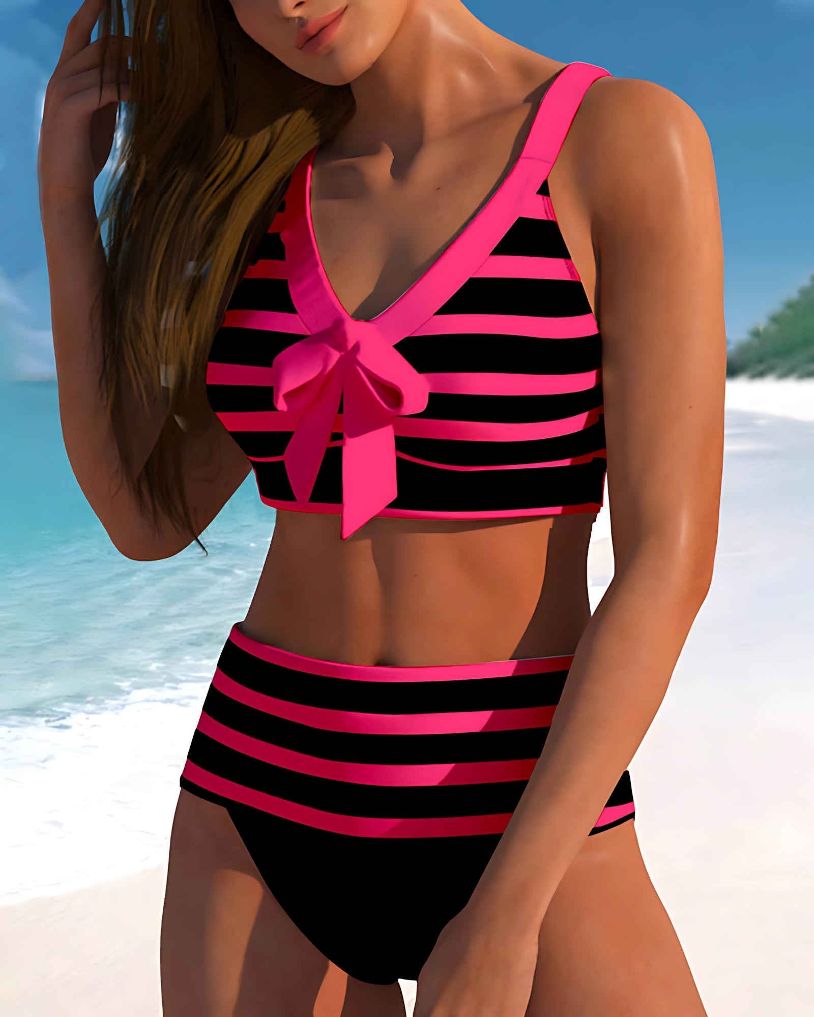 Paloma – Striped Bow Front High Waist Bikini Set