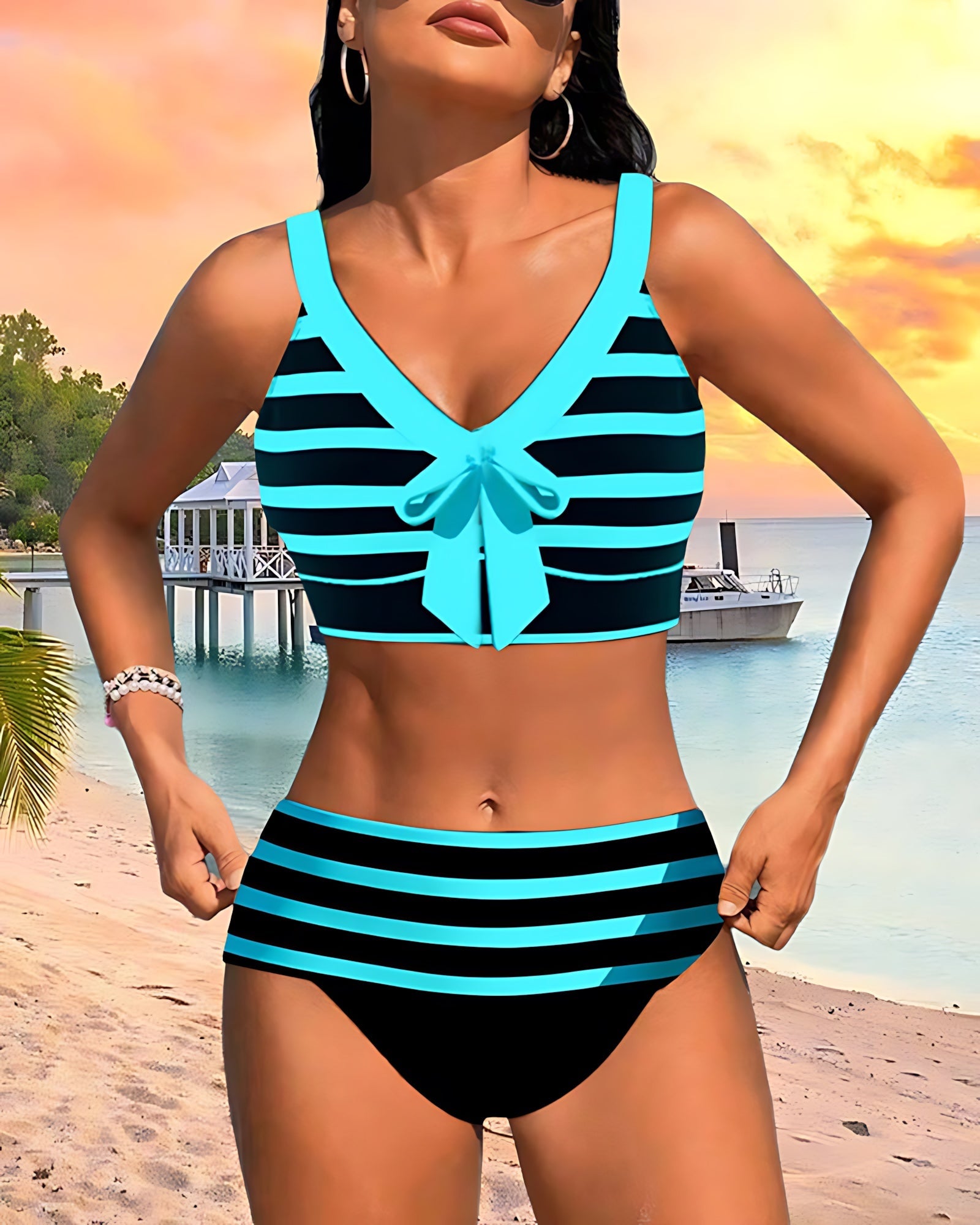 Paloma – Striped Bow Front High Waist Bikini Set