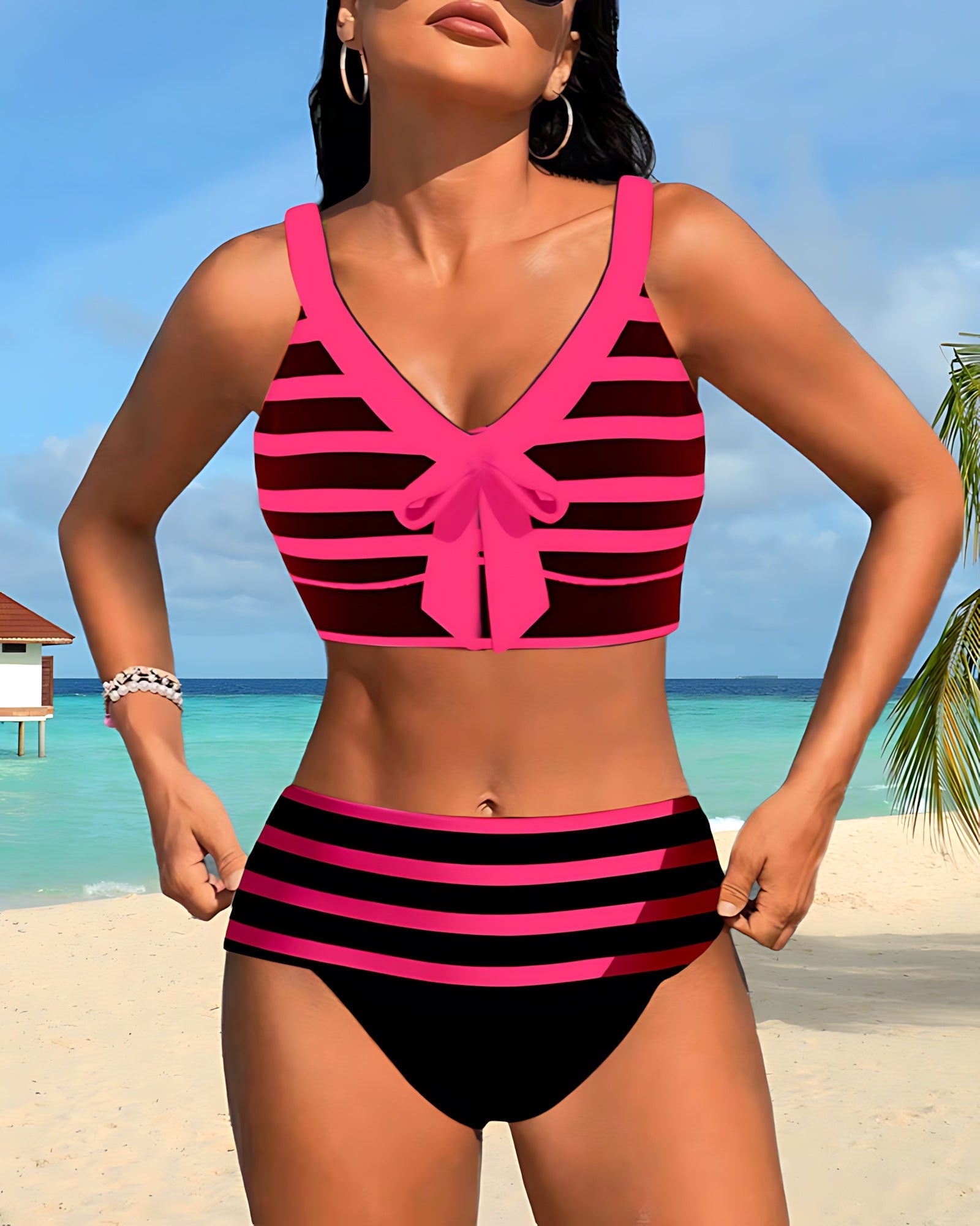 Paloma – Striped Bow Front High Waist Bikini Set