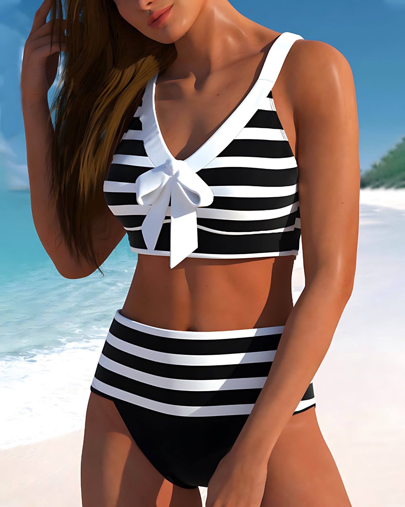 Paloma – Striped Bow Front High Waist Bikini Set