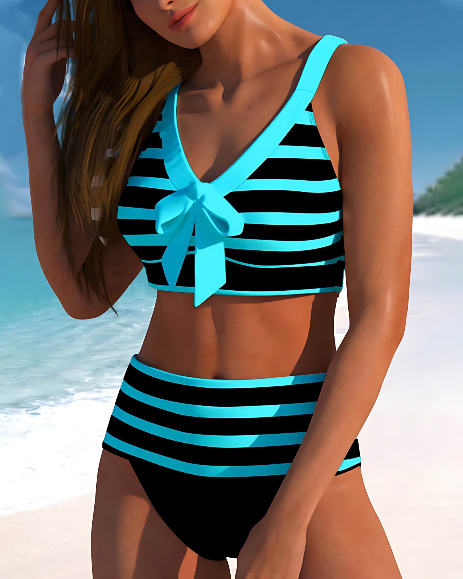 Paloma – Striped Bow Front High Waist Bikini Set