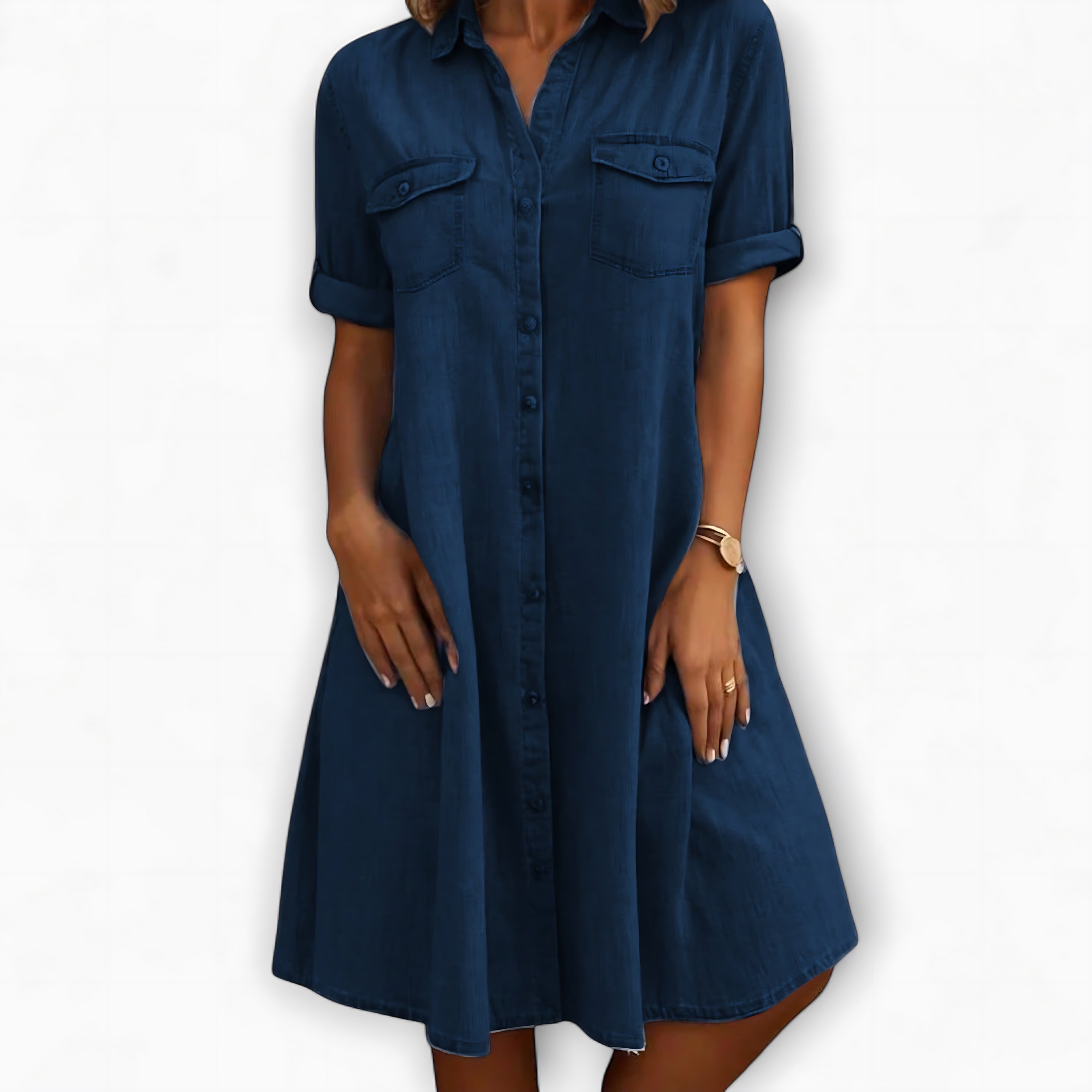 Peyton – Denim Collared Short Sleeve Mini Shirt Dress