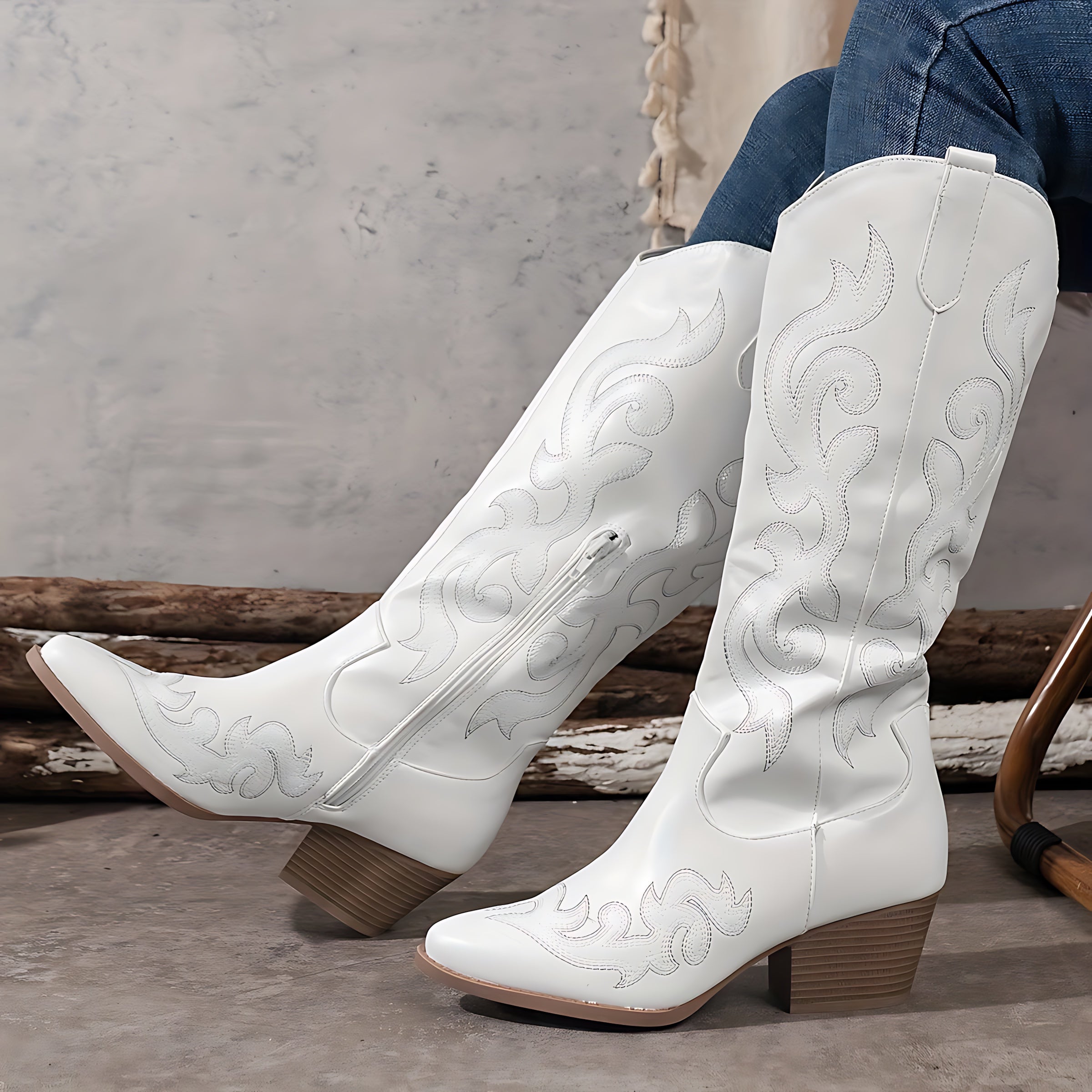 Phoebe – Embroidered Knee High Western Boots