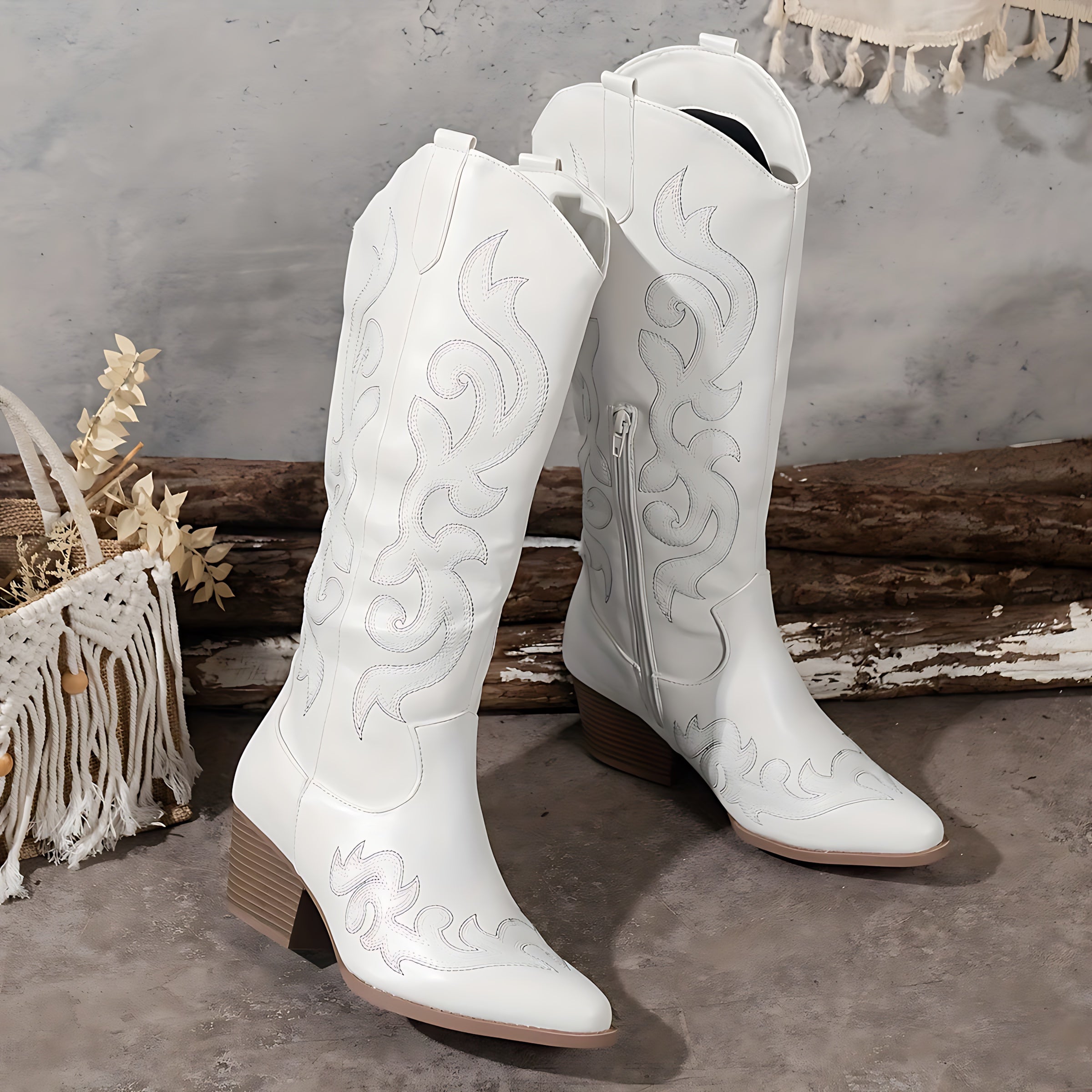 Phoebe – Embroidered Knee High Western Boots