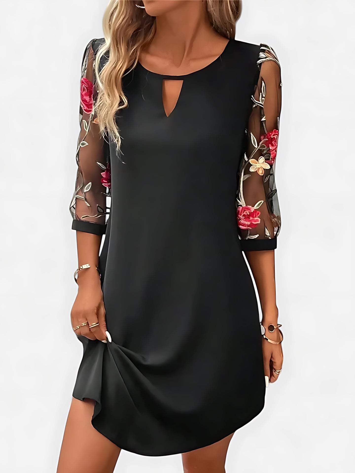Phoebe – Floral Mesh Sleeve Keyhole Mini Dress