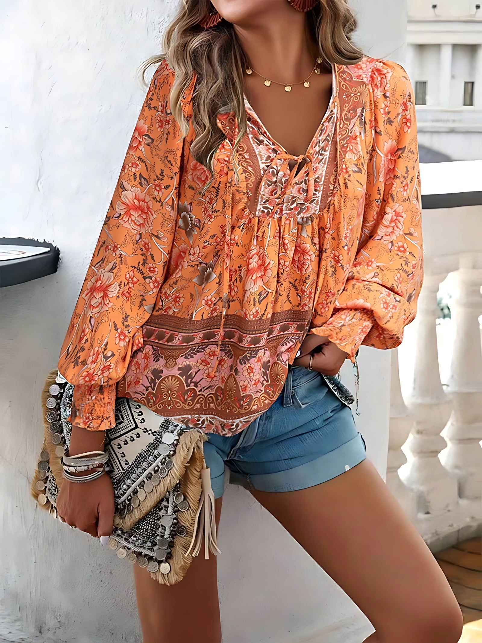 Phoebe – Floral V Neck Ruffle Blouse