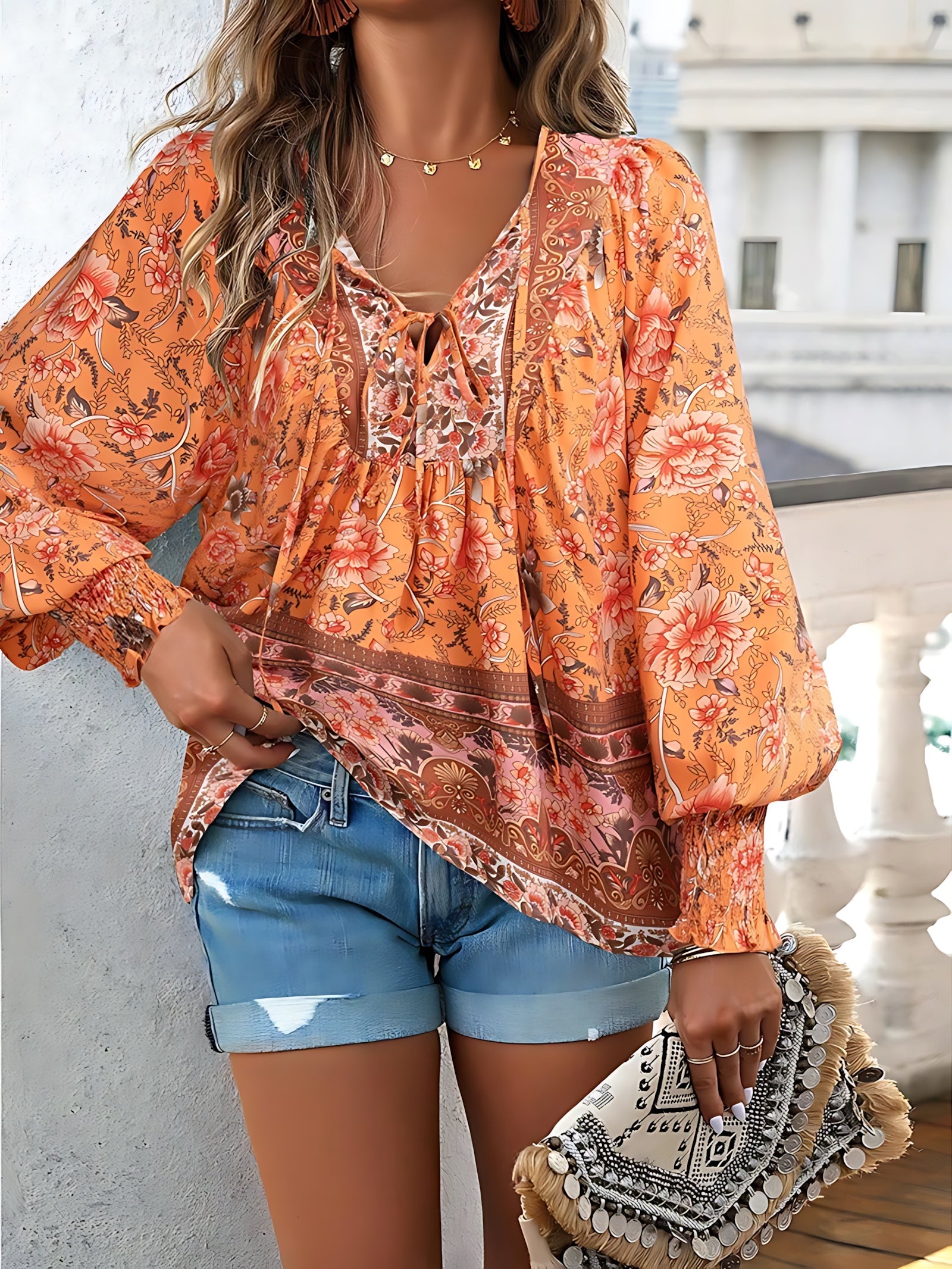 Phoebe – Floral V Neck Ruffle Blouse