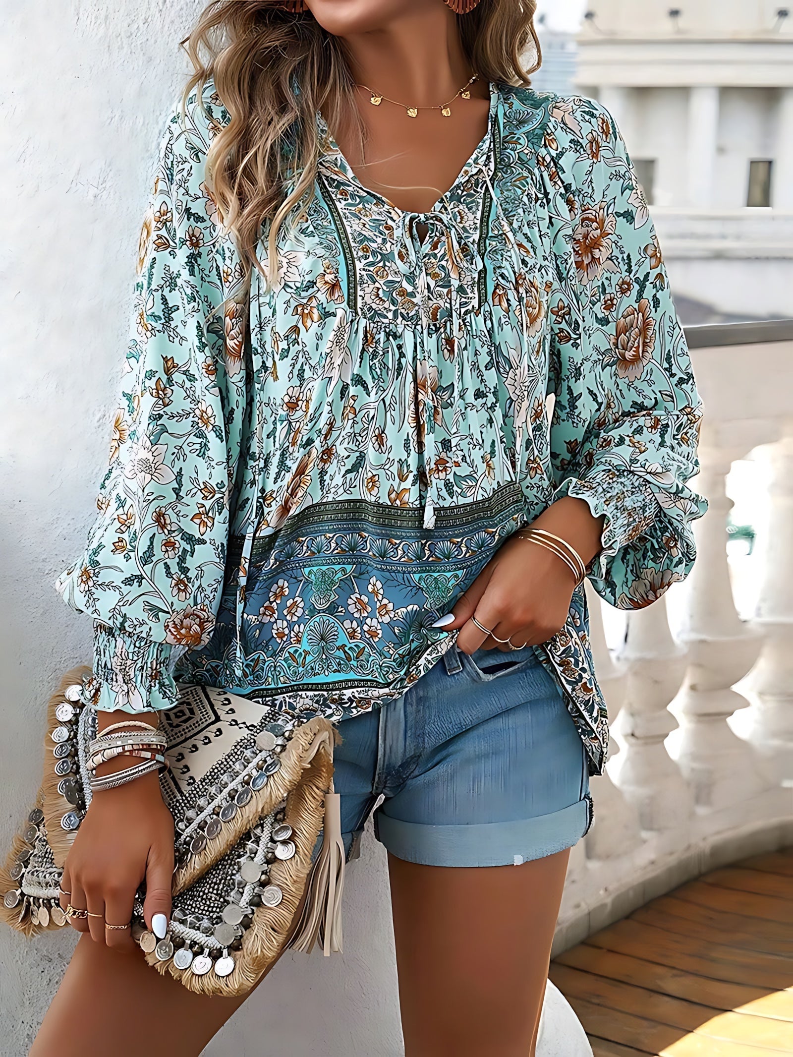Phoebe – Floral V Neck Ruffle Blouse