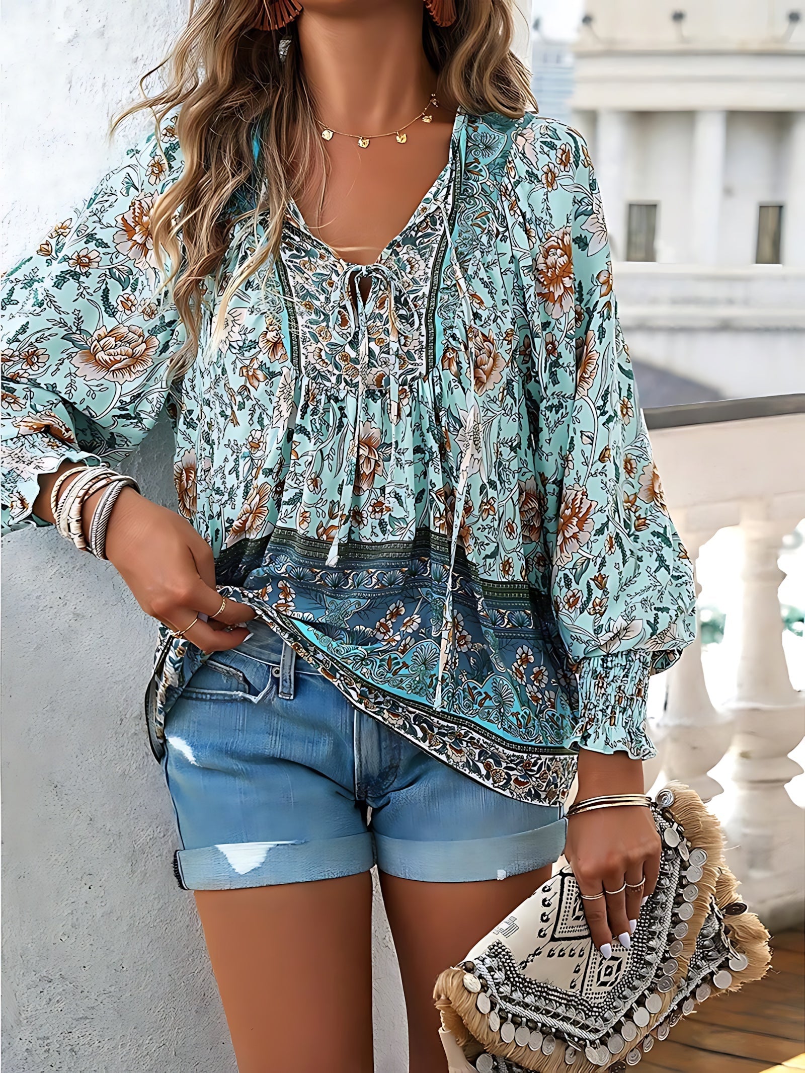 Phoebe – Floral V Neck Ruffle Blouse