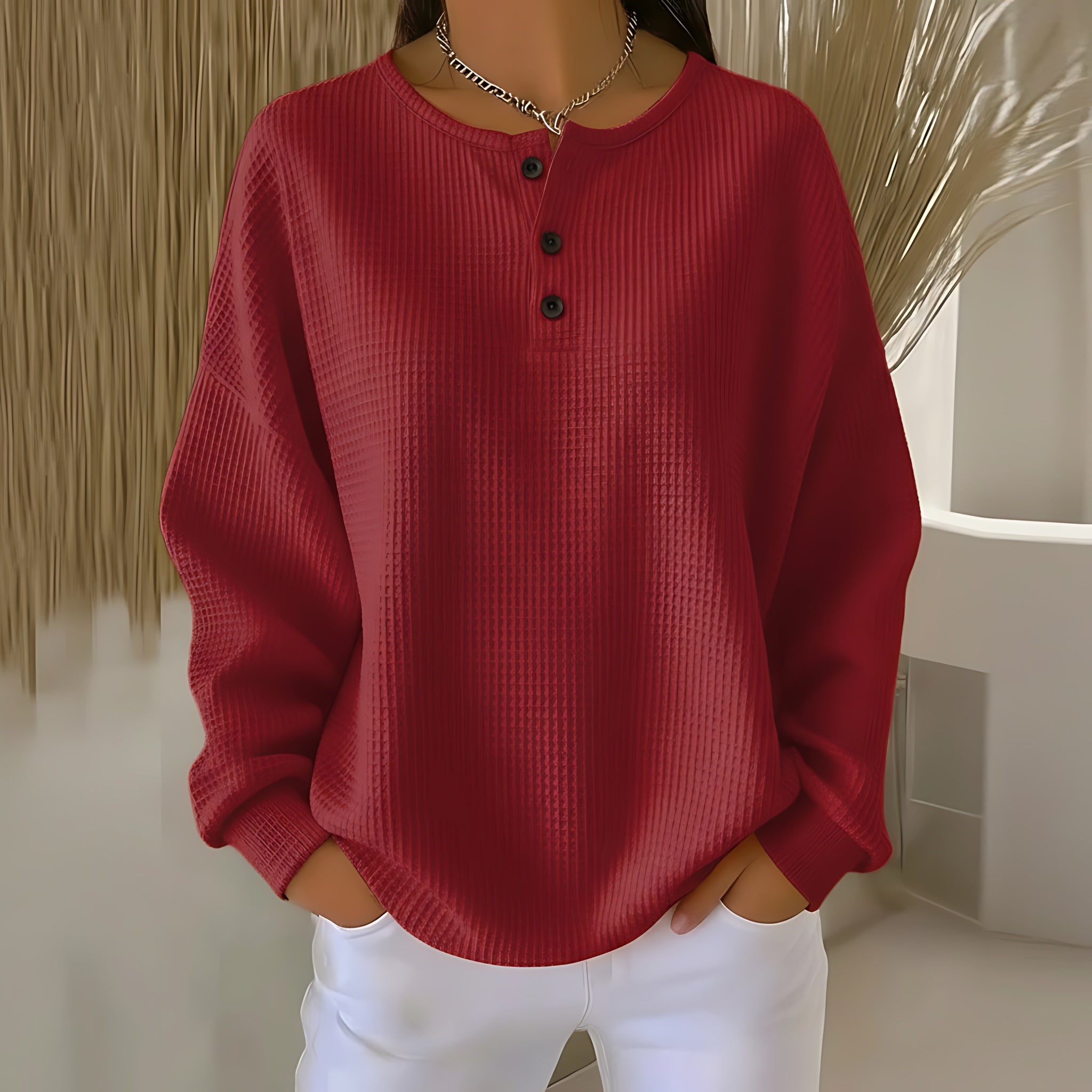 Phoebe – Waffle Knit Henley Sweater