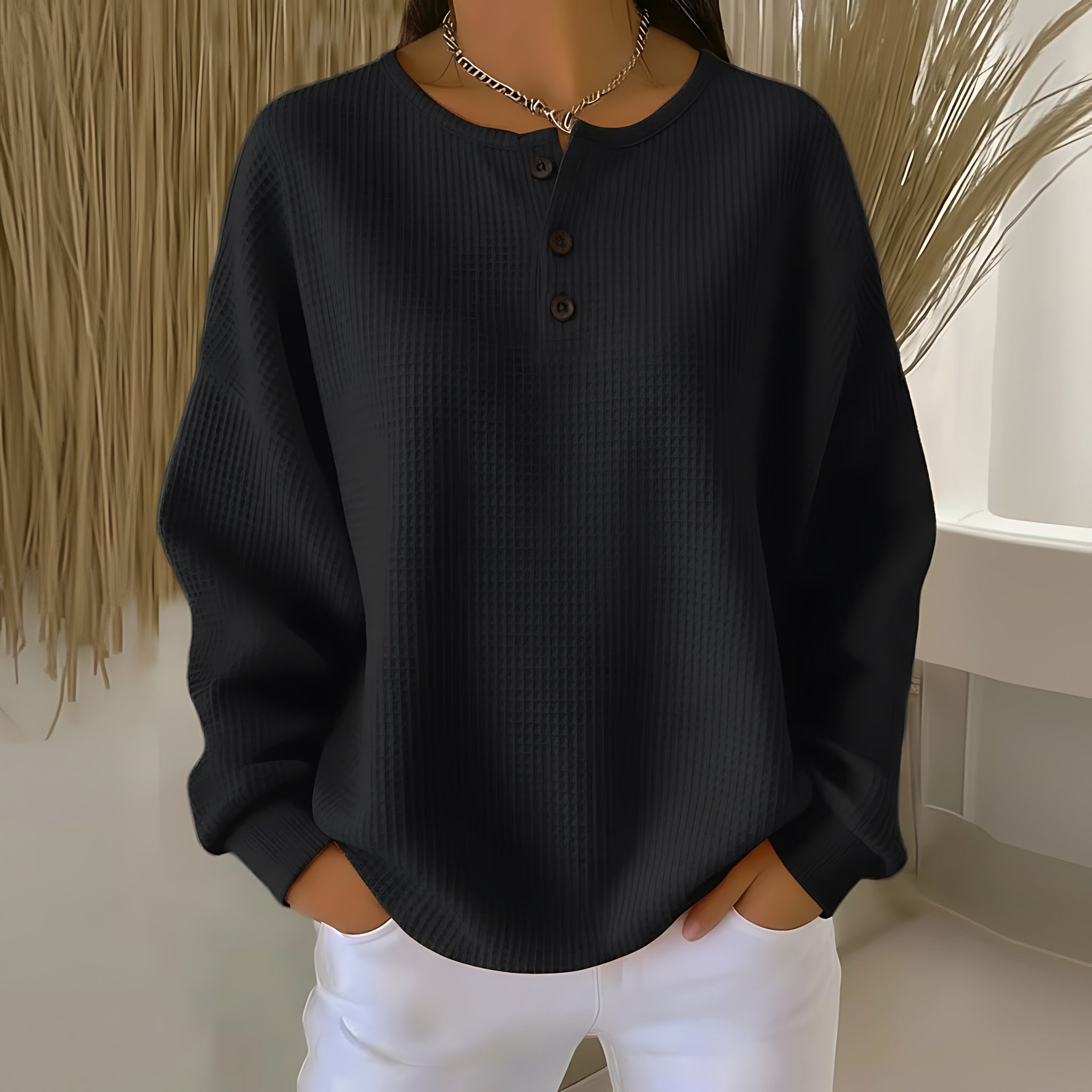 Phoebe – Waffle Knit Henley Sweater