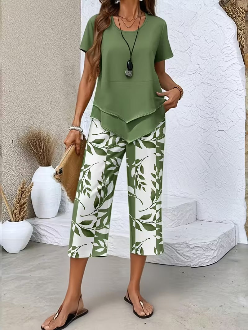 Harriet – Tunic Top and Leaf Print Cropped Pants Set