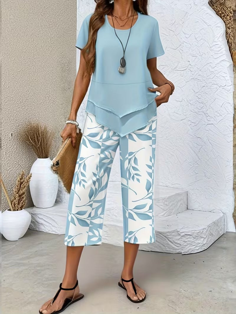 Harriet – Tunic Top and Leaf Print Cropped Pants Set