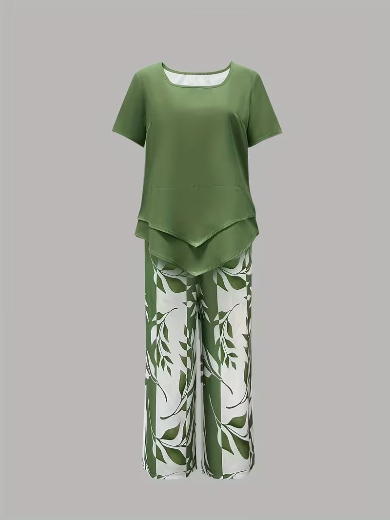 Harriet – Tunic Top and Leaf Print Cropped Pants Set