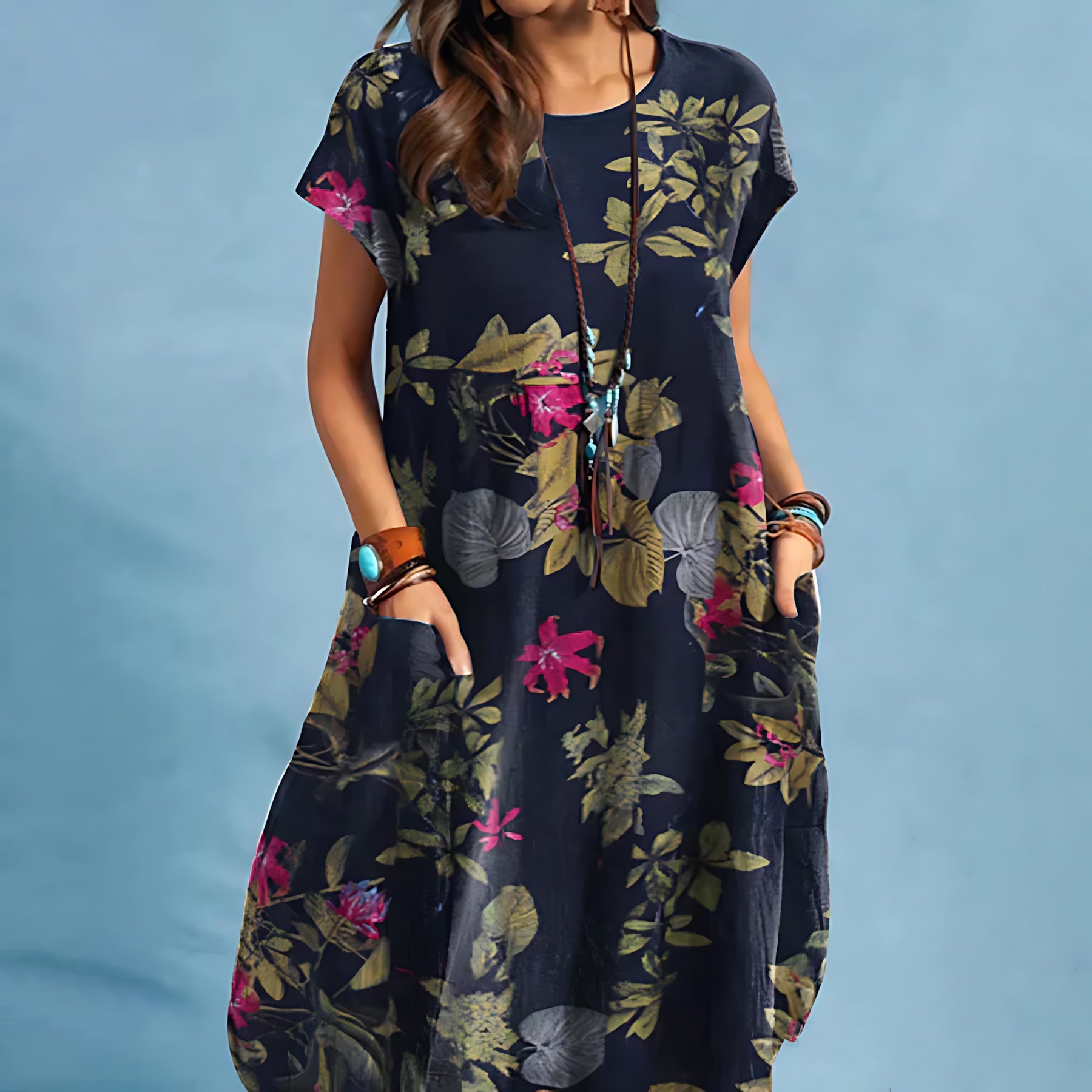 Priscilla – Floral Print Crew Neck Summer Midi Dress