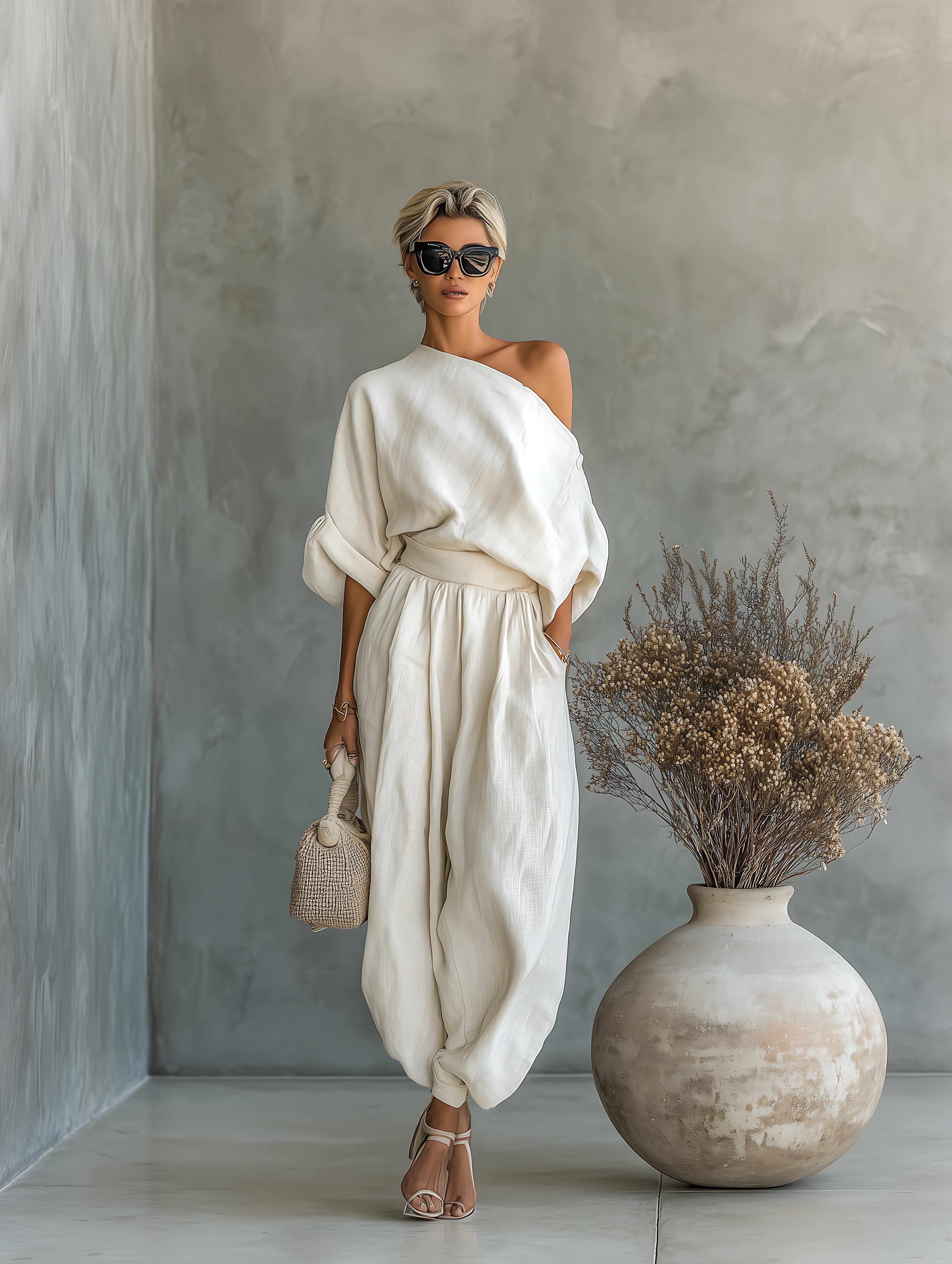 Priscilla – One Shoulder Top and Tapered Pants Set