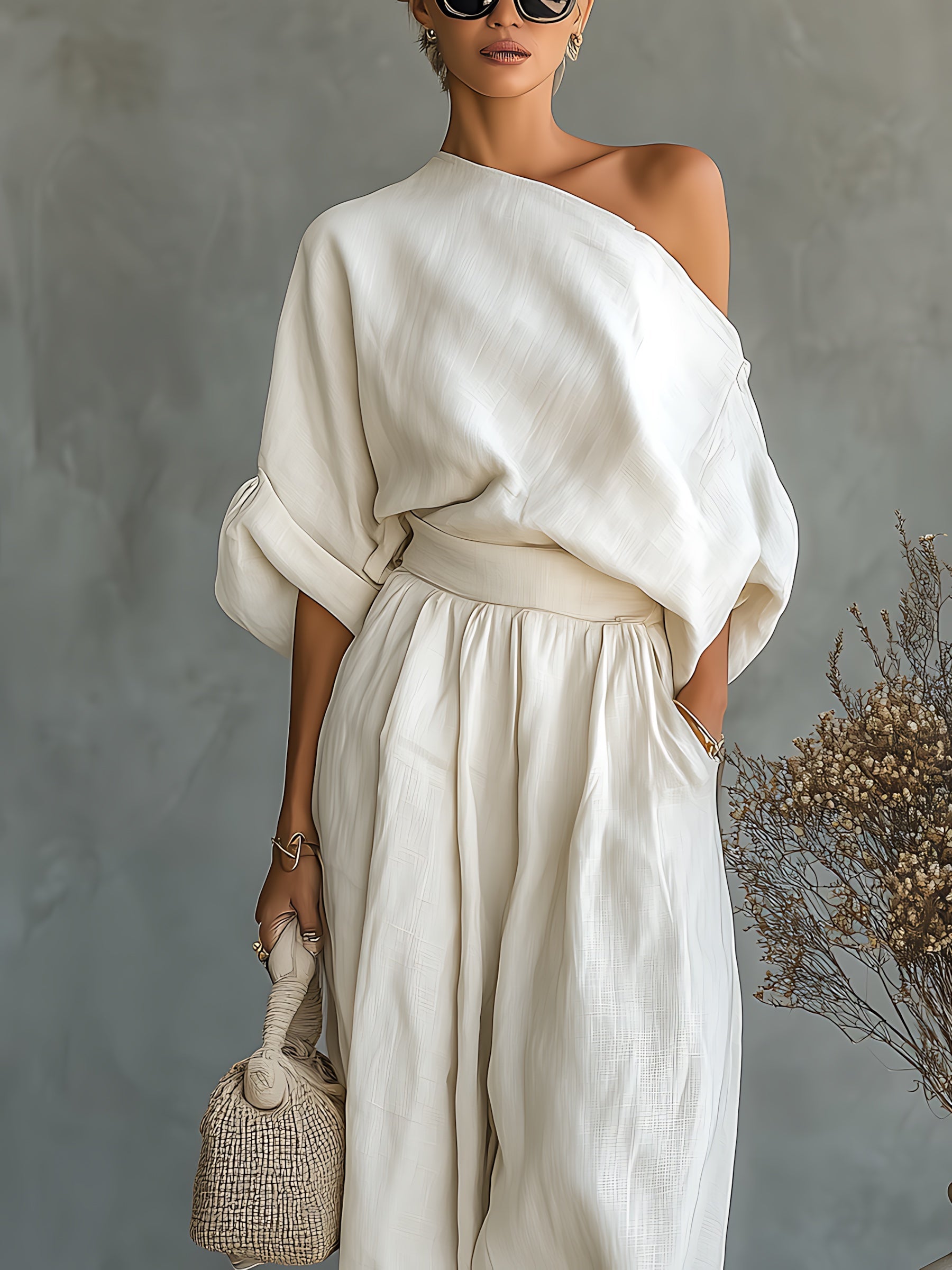 Priscilla – One Shoulder Top and Tapered Pants Set