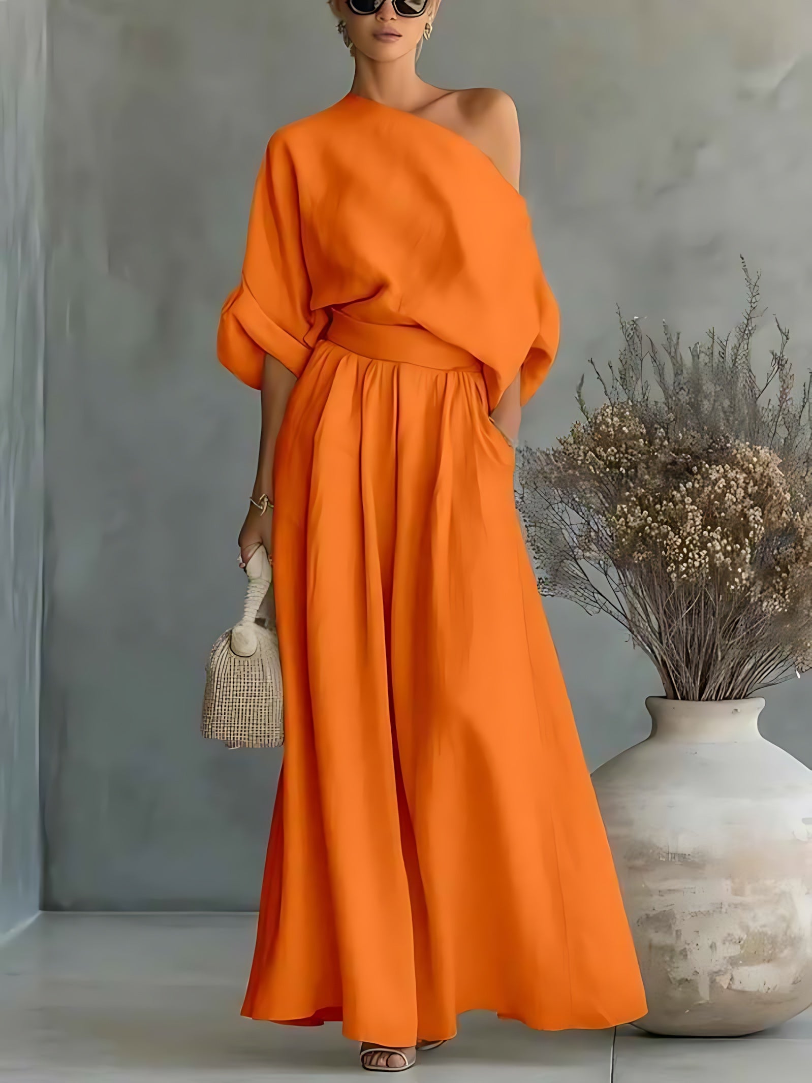 Priscilla – One Shoulder Top and Tapered Pants Set