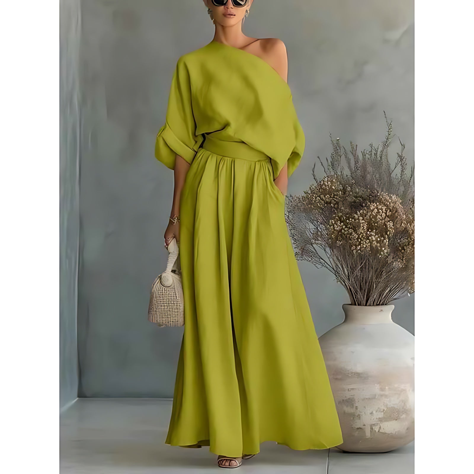 Priscilla – One Shoulder Top and Tapered Pants Set