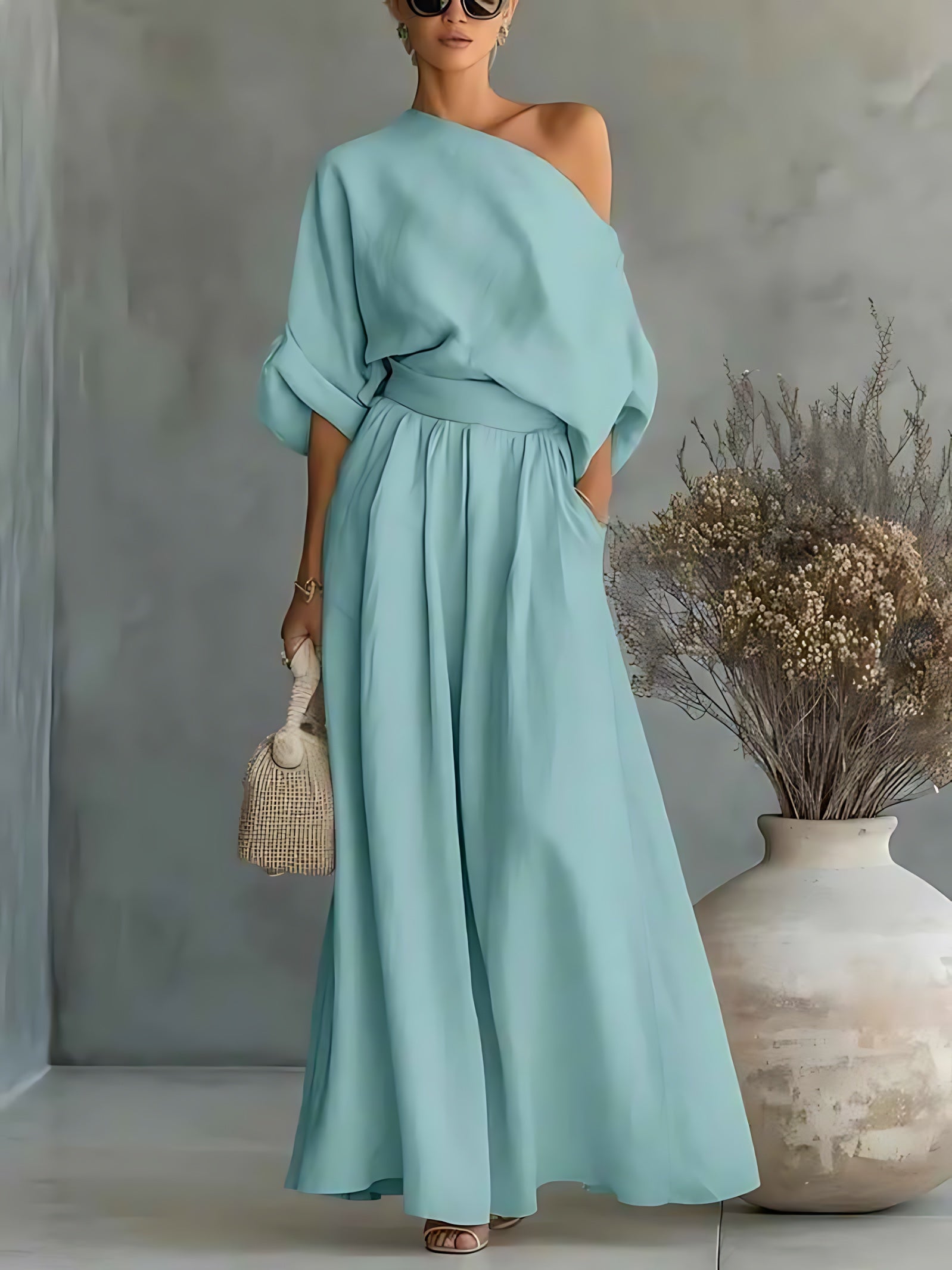 Priscilla – One Shoulder Top and Tapered Pants Set