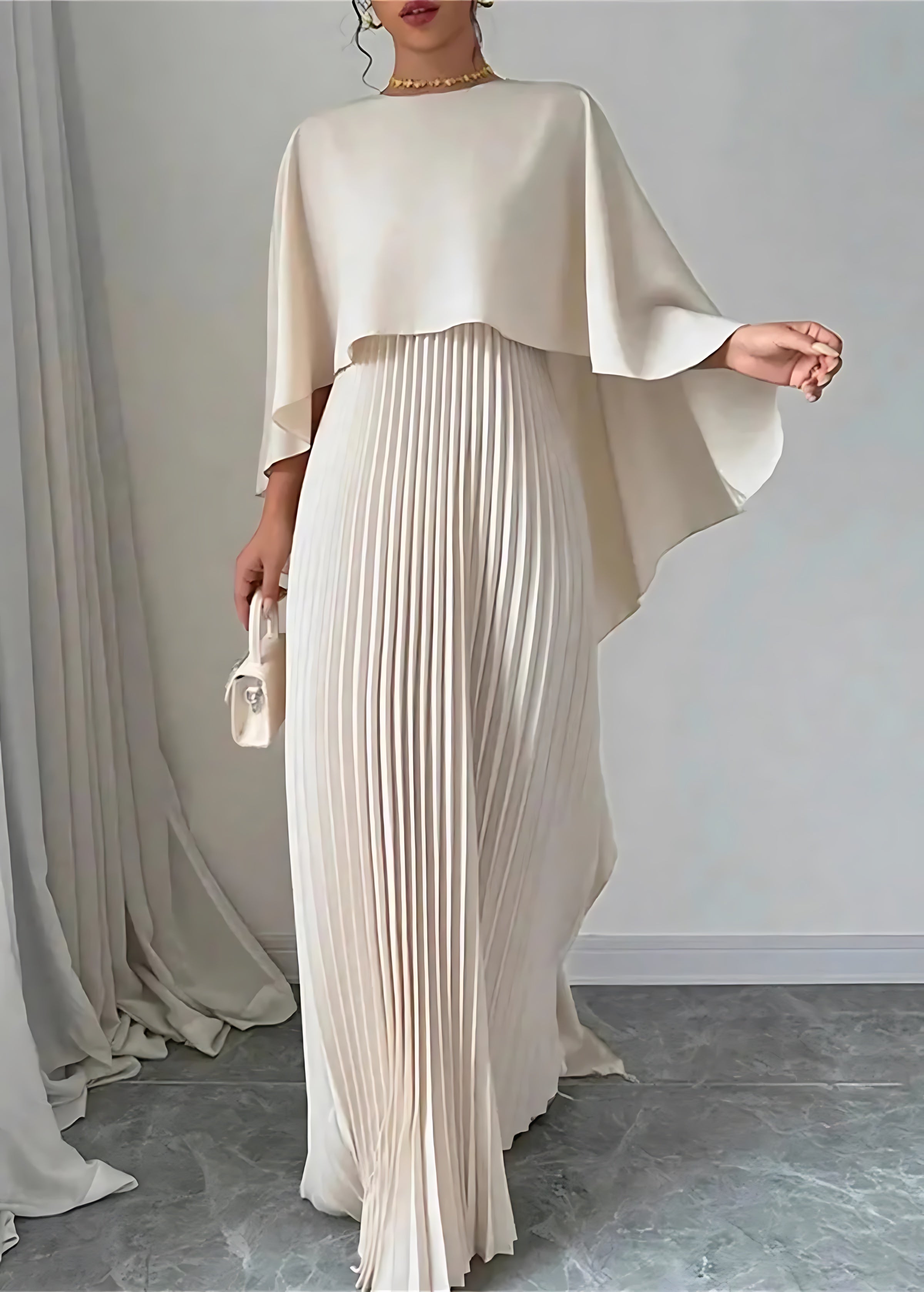 Priscilla – Pleated Cape Wedding Guest Maxi Dress