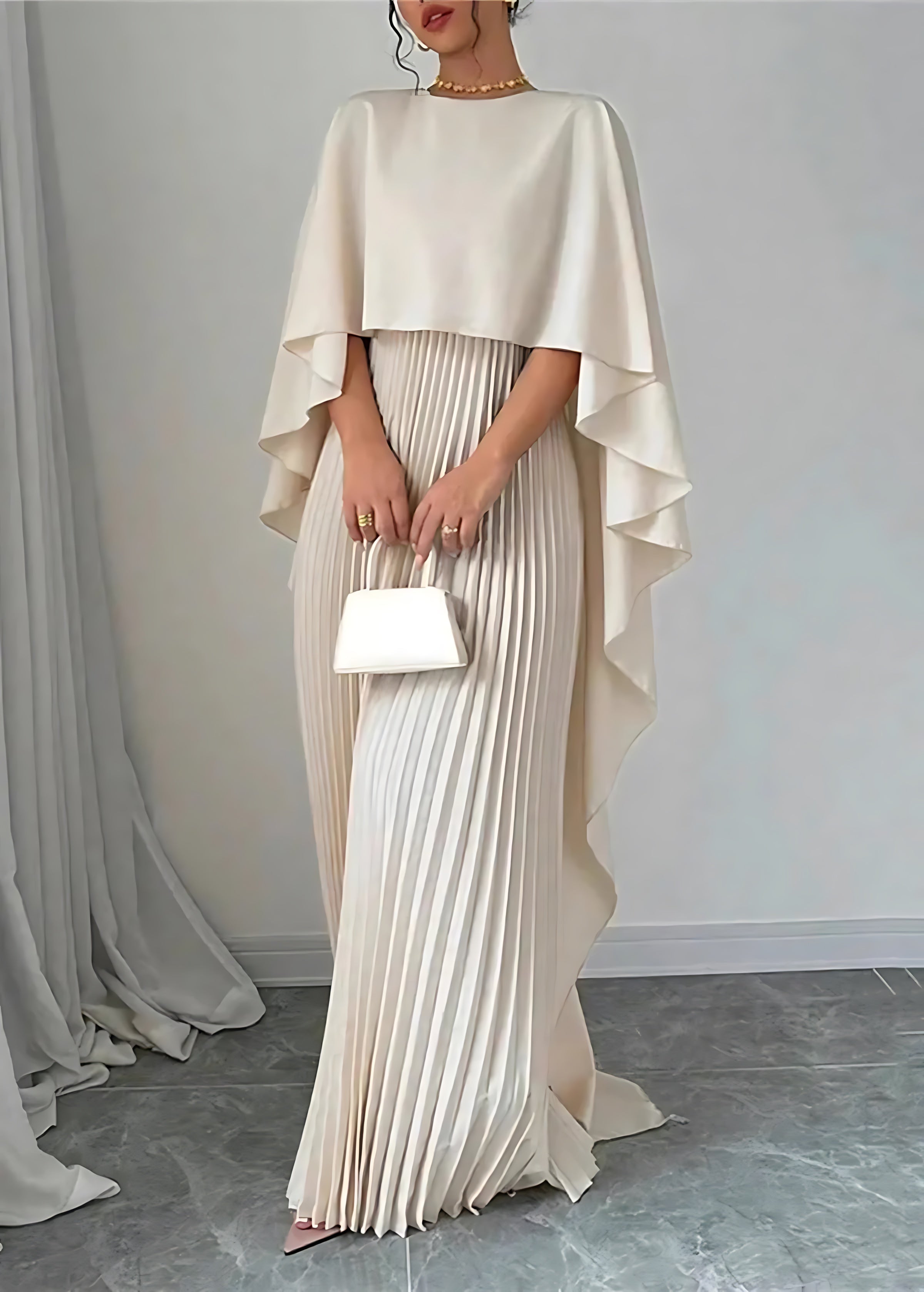 Priscilla – Pleated Cape Wedding Guest Maxi Dress