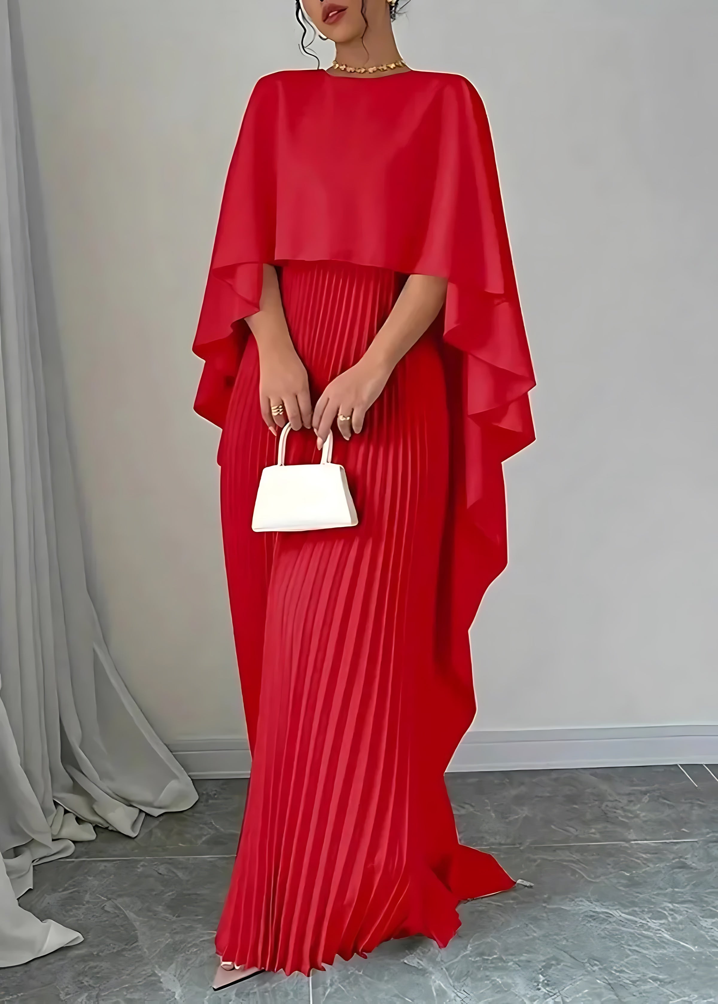 Priscilla – Pleated Cape Wedding Guest Maxi Dress