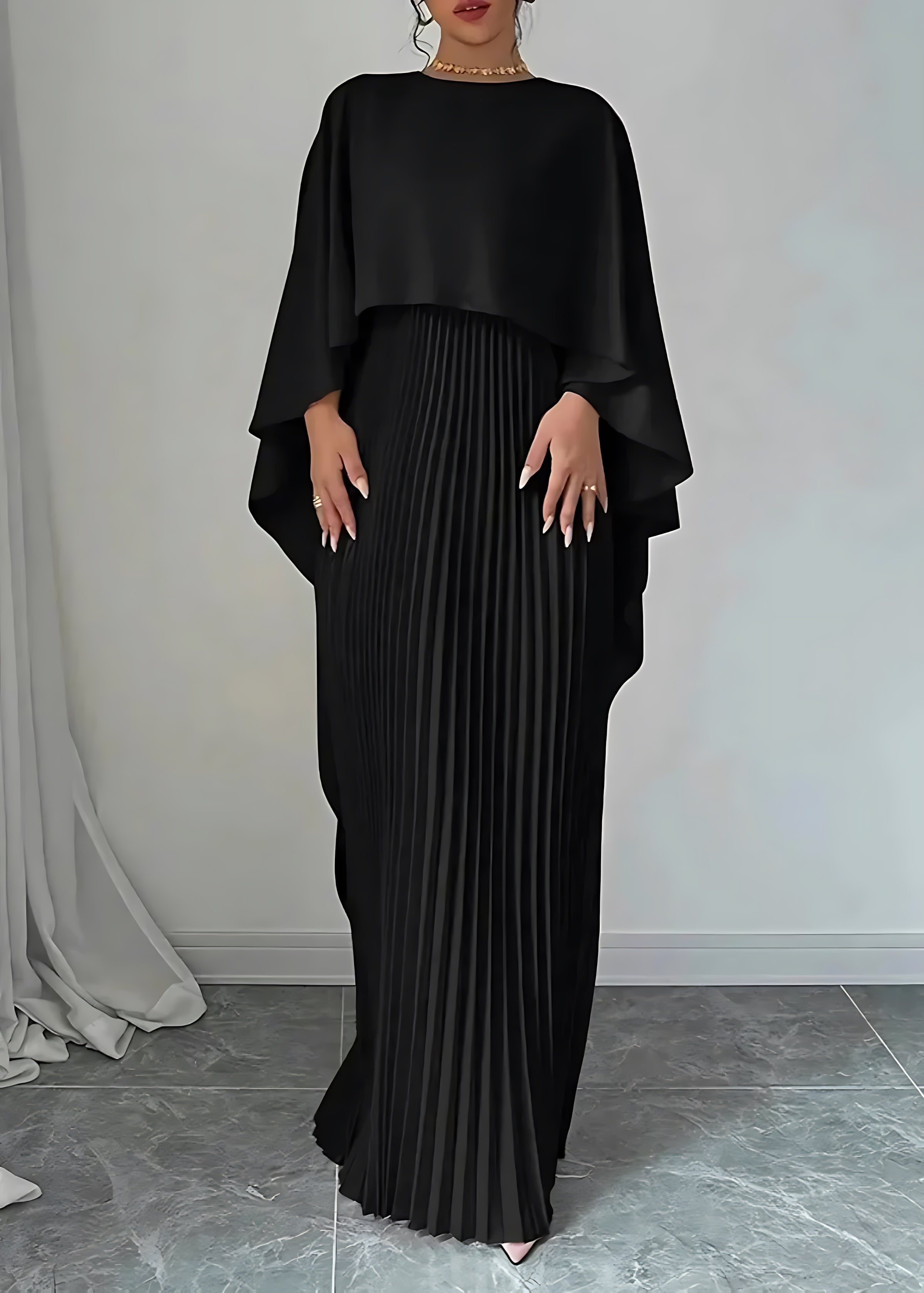 Priscilla – Pleated Cape Wedding Guest Maxi Dress