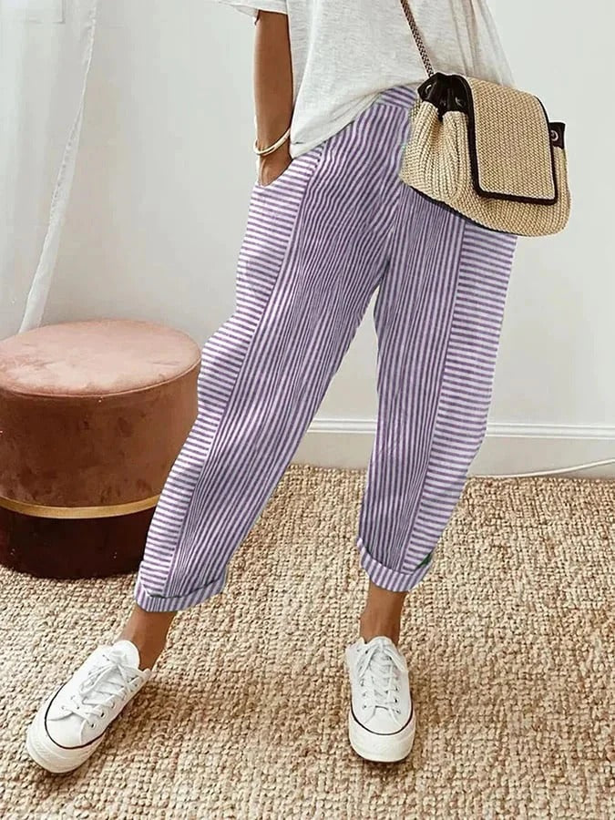 Mabel – Striped Elastic Waist Tapered Pants